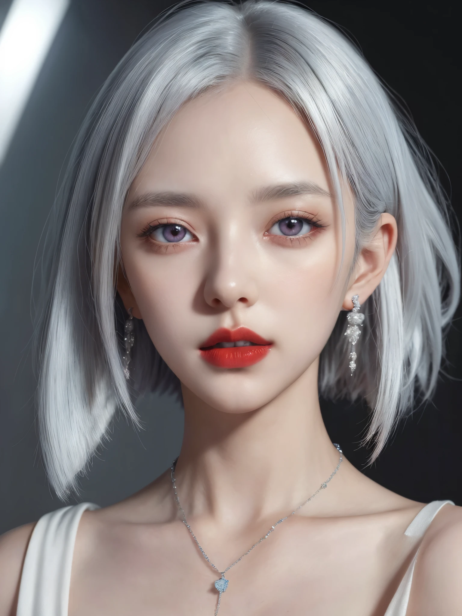 <lora:cervine:0.8>,
very cool,1girl,jewelry,multicolored hair,Silver hair,white hair,solo,necklace,short hair,upper body,earrings,red lips,looking away,bare shoulders,looking to the side,makeup,lipstick,