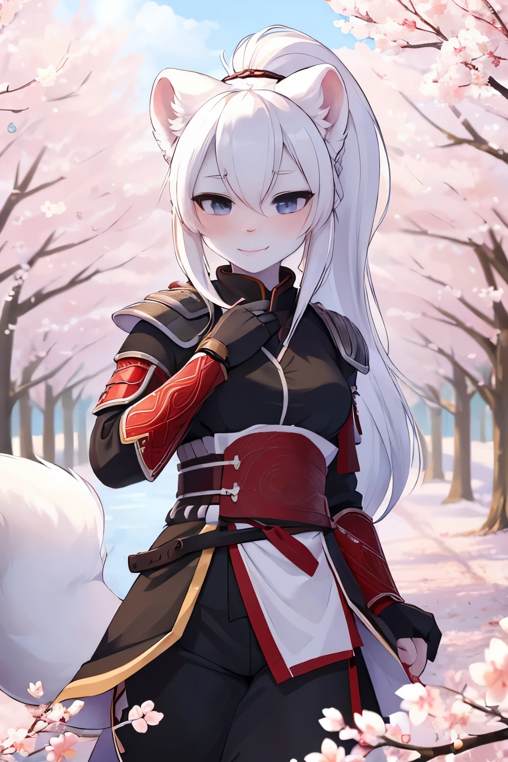 ((best quality, masterpiece, perfect anatomy, detailed picture)), furry, 1female, arctic ferret, sexy, cute face, long white hair, ponytail hair, grey eyes, black sclera, tail, samurai armor, red blushing, shy, in the cherry blossom trees,