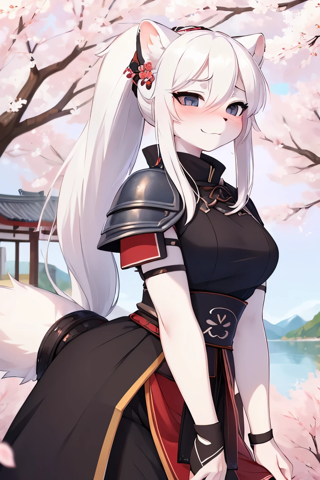 ((best quality, masterpiece, perfect anatomy, detailed picture)), furry, 1female, arctic ferret, sexy, cute face, long white hair, ponytail hair, grey eyes, black sclera, tail, samurai armor, red blushing, shy, in the cherry blossom trees,
