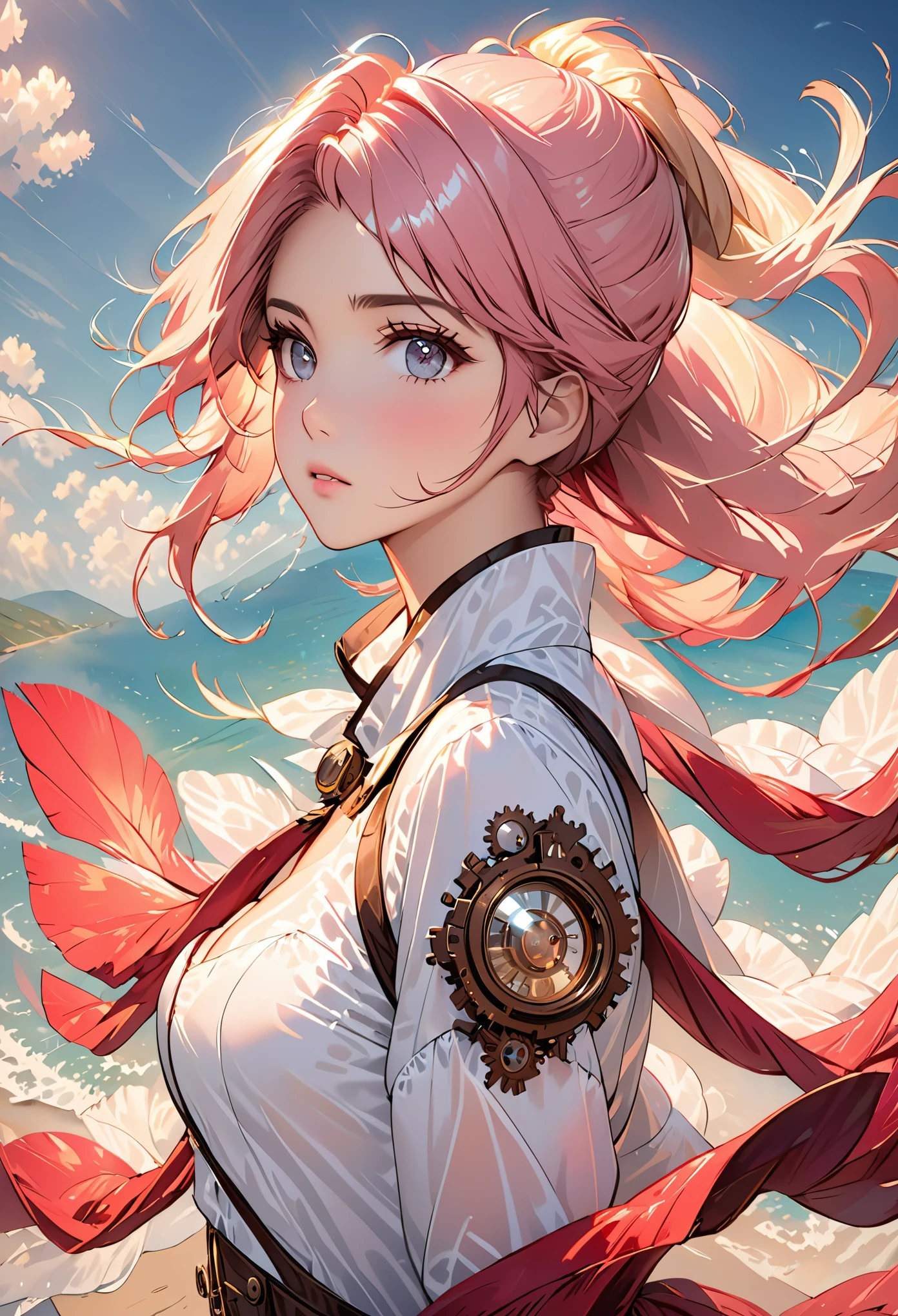 best quality, masterpiece, Upper body, Miss, Blond hair blowing in the wind, shining eyes, steampunk nude style, thin clothes, pink clothes, pink hair