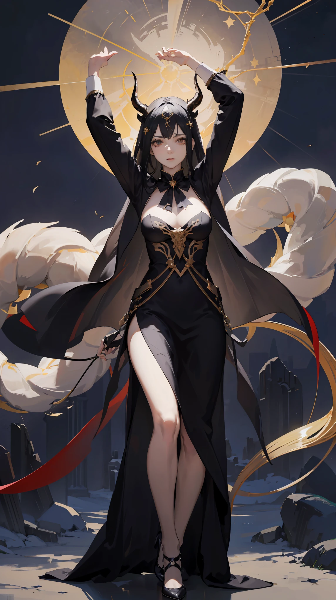 Seven Rhaeyar (Deylta), Ancient Star goddess, Perfect female anatomy (Adult Female, 166cm in height, pale skin, slim, slender, 34D breast size, Gray colored eyes, Long Straight Black Hair, Beauty Mark Mole on right cheek bone, a set of black horns on her head), Neutral facial expression, Elegant white dress with black bow tie, blue coat knee length, dragon motifs, gold and rope accessories, View of the open night sky with only clouds, receiving light from the front, Ethereal glow
