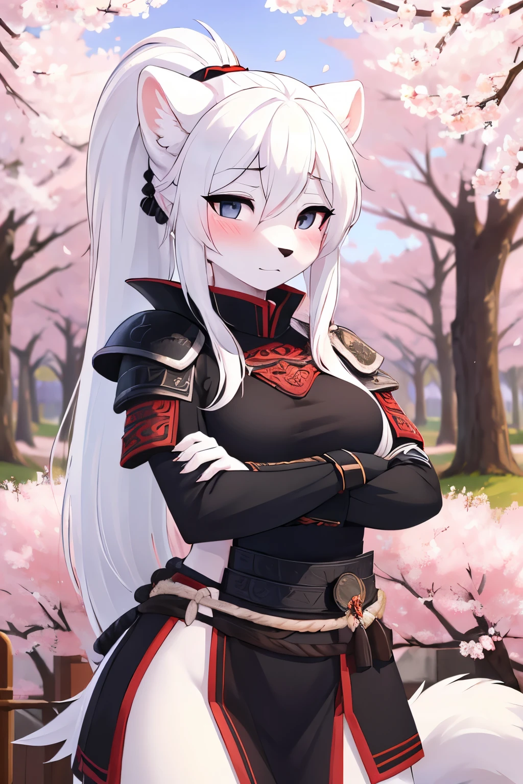 ((best quality, masterpiece, perfect anatomy, detailed picture)), furry, 1female, arctic ferret, sexy, long white hair, ponytail hair, grey eyes, black sclera, tail, samurai armor, red blushing, shy, in the cherry blossom trees,