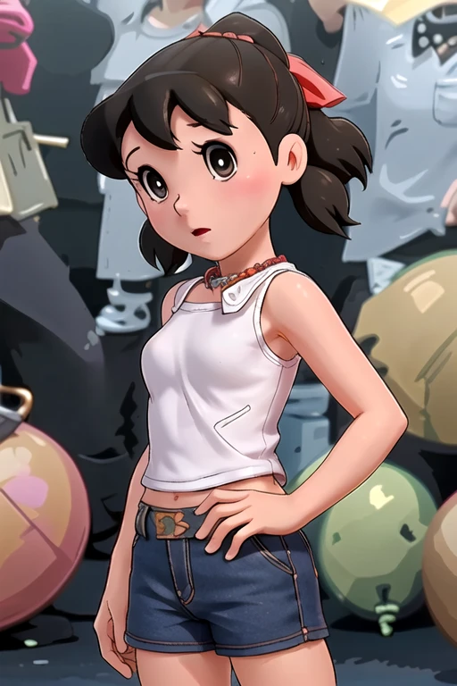 ((medium breast, tomboy girls, small head)), daylight, sunlight, (chiseled abs : 1.1), (perfect body : 1.1), (short wavy hair : 1.2) , auburn hair, collar, chain, full body shot, crowded street, wearing black tanktop, jeans jacket, ((shorts)), (extremely detailed CG 8k wallpaper), (an extremely delicate and beautiful), (masterpiece), (best quality:1.0), (ultra highres:1.0),  beautiful lighting ,perfect lightning, realistic shadows, [highres], detailed skin, ultra-detailed ,shizuka,hot