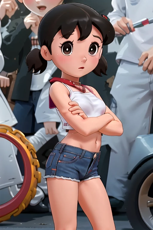 ((medium breast, tomboy girls, small head)), daylight, sunlight, (chiseled abs : 1.1), (perfect body : 1.1), (short wavy hair : 1.2) , auburn hair, collar, chain, full body shot, crowded street, wearing black tanktop, jeans jacket, ((shorts)), (extremely detailed CG 8k wallpaper), (an extremely delicate and beautiful), (masterpiece), (best quality:1.0), (ultra highres:1.0),  beautiful lighting ,perfect lightning, realistic shadows, [highres], detailed skin, ultra-detailed ,shizuka,hot