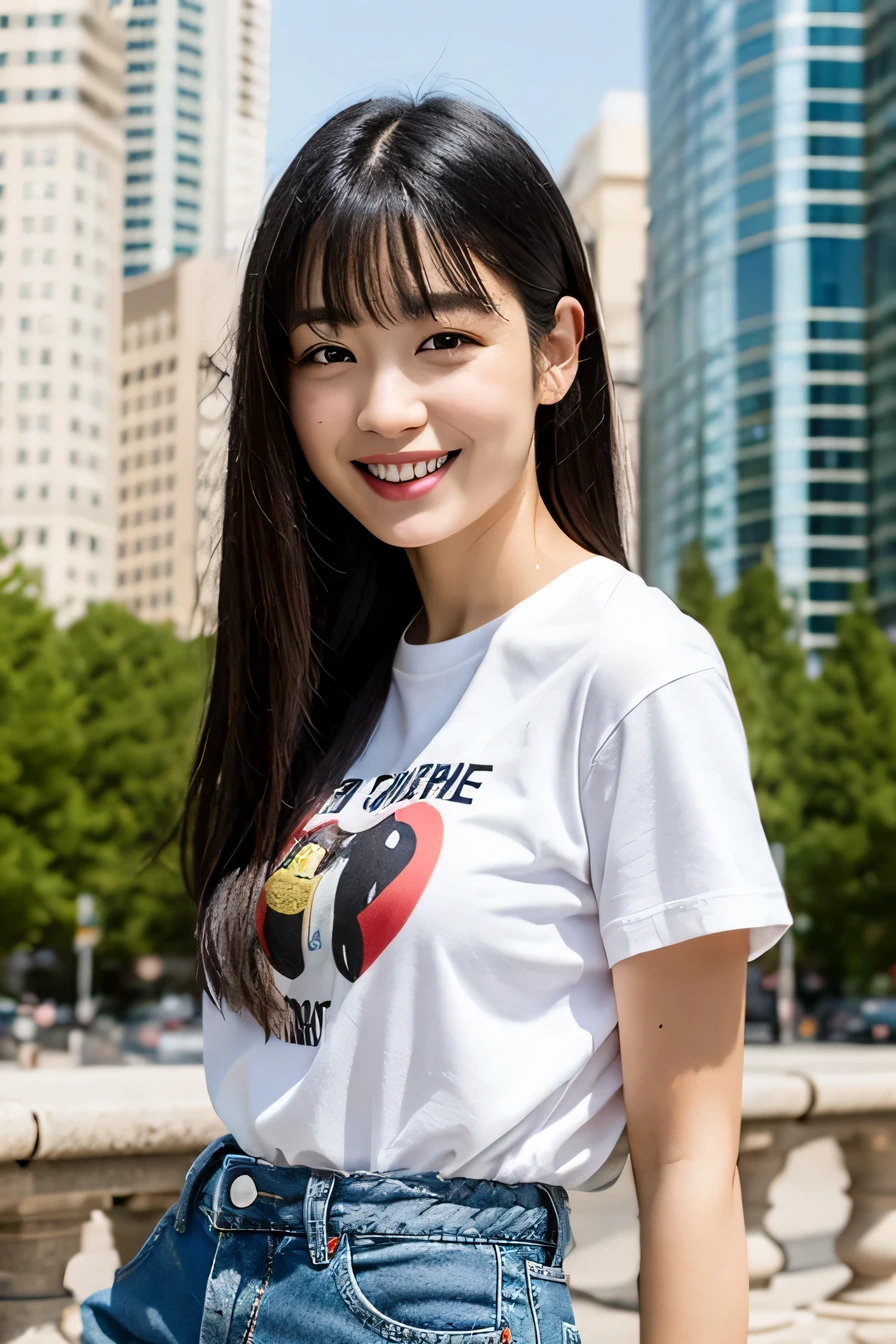 highest quality, realistic, 8K, High resolution;, 1girl, girl, rich, (urban landscape background:1.6)), skinny denim、 white t-shirt), Head looking straight at the viewer:1.8, (目ほどの長さの髪で観客を見つめるgirl, black hair、 parted bangs:1.65), realistic, smile、beautiful white teeth, rich,(whole body), gravure, sneakers
