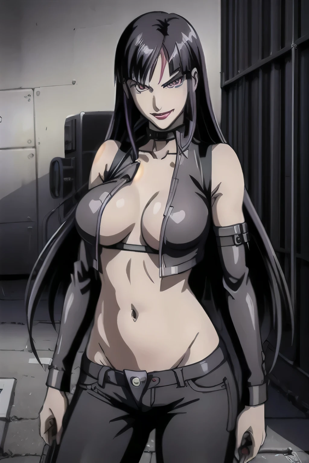 1girl, black hair, long hair
,purple eyes,red lips,
masterpiece, best quality, highly detailed, a girls with a gun, evil smile , open mouth, sexy gaze, badass
pose , evil smile, smile, (nsfw) not safe for work, guns blazing, anime girl with long hair, beautiful long
haired girl, navel, evil expression, exposed belly, exposed navel, exposed midriff, exposed lower belly,
long black pants, crop top, cleavage, unbuttoned leather pants ,open fly, low rise black leather pants,
leather jacket, holding a gun, outdoor,street,road, 