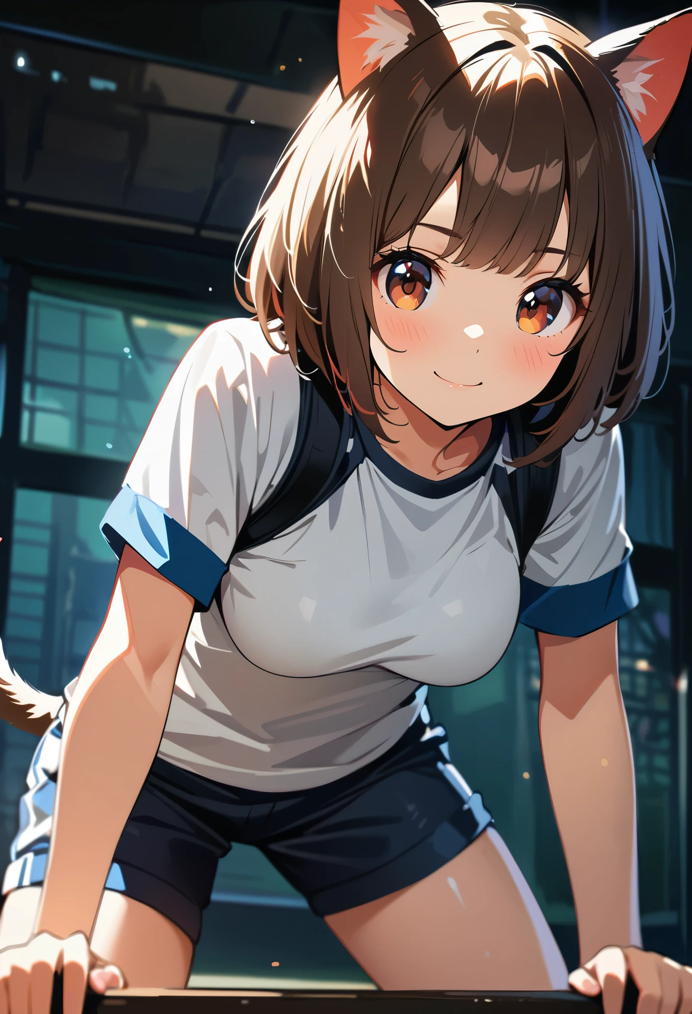 (masterpiece:1.3), (8K、best quality:1.4), (1 girl), (solo), (cute, little:1.5), (very cute face:1.5), (Very beautiful 14 year old Japanese girl), nice smile, cheeks are red, (high detail skin: 1.2), Photorealistic anime girl rendering, Realistic anime 3D style, beautiful brown hair bob cut, intense black eyes, strong eye highlights, (Accurate and natural normal size breasts), perfect anatomy, (awesome cat ears:1.3), (awesome cat tail:1.3), (bloomers), (old style sportswear), (white tight short sleeve shirt, dark blue short tight shorts), accurate arm, five fingers, accurate foot, On the bench, get up, bloomersを見せびらかす, small area sportswear, volume lighting, soft light, bright, neon, bright色, Create digital artwork in pop art style