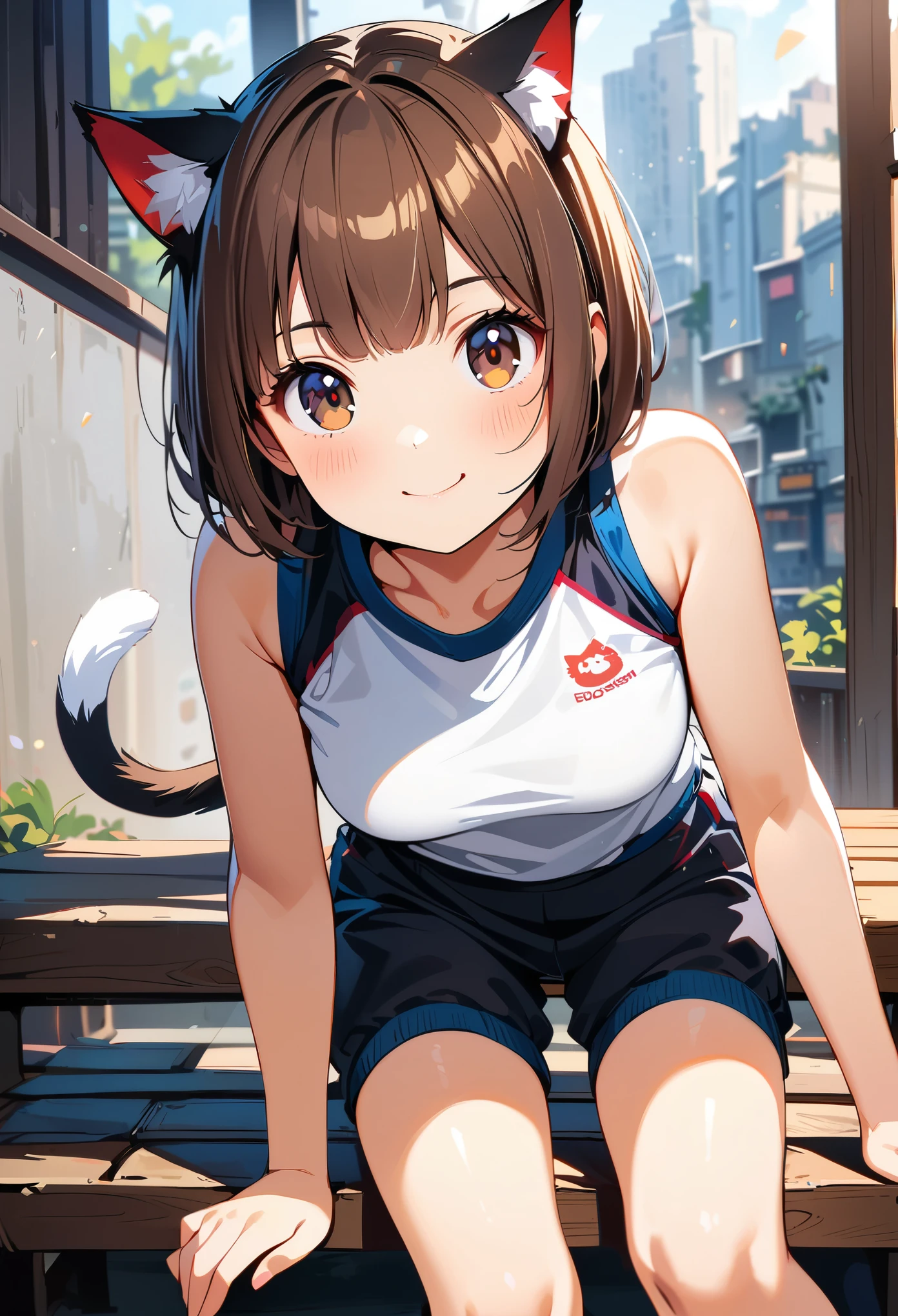 (masterpiece:1.3), (8K、best quality:1.4), (1 girl), (solo), (cute, little:1.5), (very cute face:1.5), (Very beautiful 14 year old Japanese girl), nice smile, cheeks are red, (high detail skin: 1.2), Photorealistic anime girl rendering, Realistic anime 3D style, beautiful brown hair bob cut, intense black eyes, strong eye highlights, (Accurate and natural normal size breasts), perfect anatomy, (awesome cat ears:1.3), (awesome cat tail:1.3), (bloomers), (old style sportswear), (white tight short sleeve shirt, dark blue short tight shorts), accurate arm, five fingers, accurate foot, On the bench, get up, bloomersを見せびらかす, small area sportswear, volume lighting, soft light, bright, neon, bright色, Create digital artwork in pop art style
