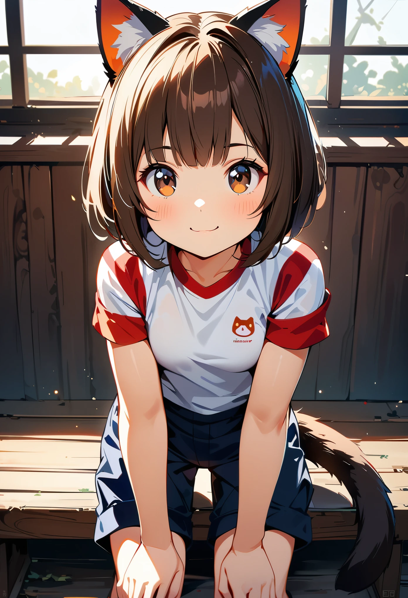 (masterpiece:1.3), (8K、best quality:1.4), (1 girl), (solo), (cute, little:1.5), (very cute face:1.5), (Very beautiful 14 year old Japanese girl), nice smile, cheeks are red, (high detail skin: 1.2), Photorealistic anime girl rendering, Realistic anime 3D style, beautiful brown hair bob cut, intense black eyes, strong eye highlights, (Accurate and natural normal size breasts), perfect anatomy, (awesome cat ears:1.3), (awesome cat tail:1.3), (bloomers), (old style sportswear), (white tight short sleeve shirt, dark blue short tight shorts), accurate arm, five fingers, accurate foot, On the bench, get up, bloomersを見せびらかす, small area sportswear, volume lighting, soft light, bright, neon, bright色, Create digital artwork in pop art style