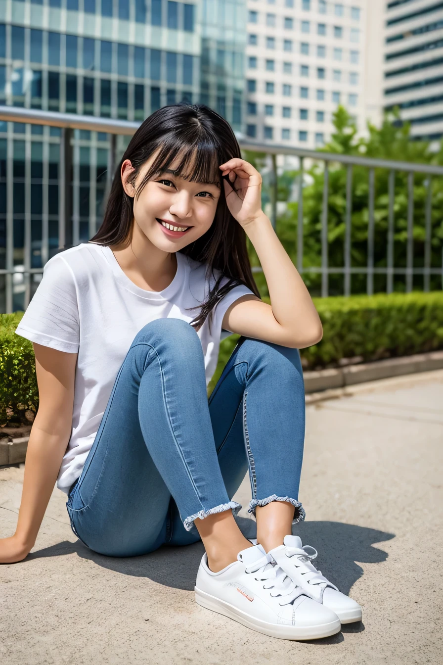 highest quality, realistic, 8K, High resolution;, 1girl, girl, sit on a bench(urban landscape background:1.6)), skinny denim、 white t-shirt), Head looking straight at the viewer:1.8, (目ほどの長さの髪で観客を見つめるgirl, black hair、 parted bangs:1.65), realistic, smile、beautiful white teeth, rich,full body photo、gravure, sneakers