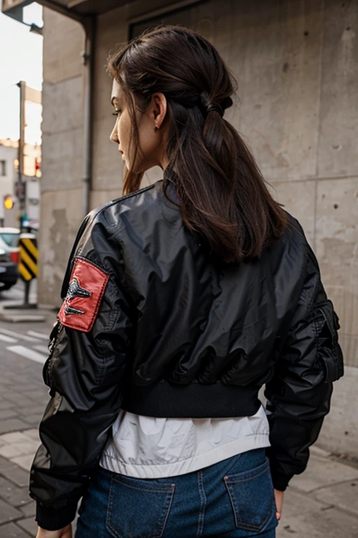 female bomber jacket back view