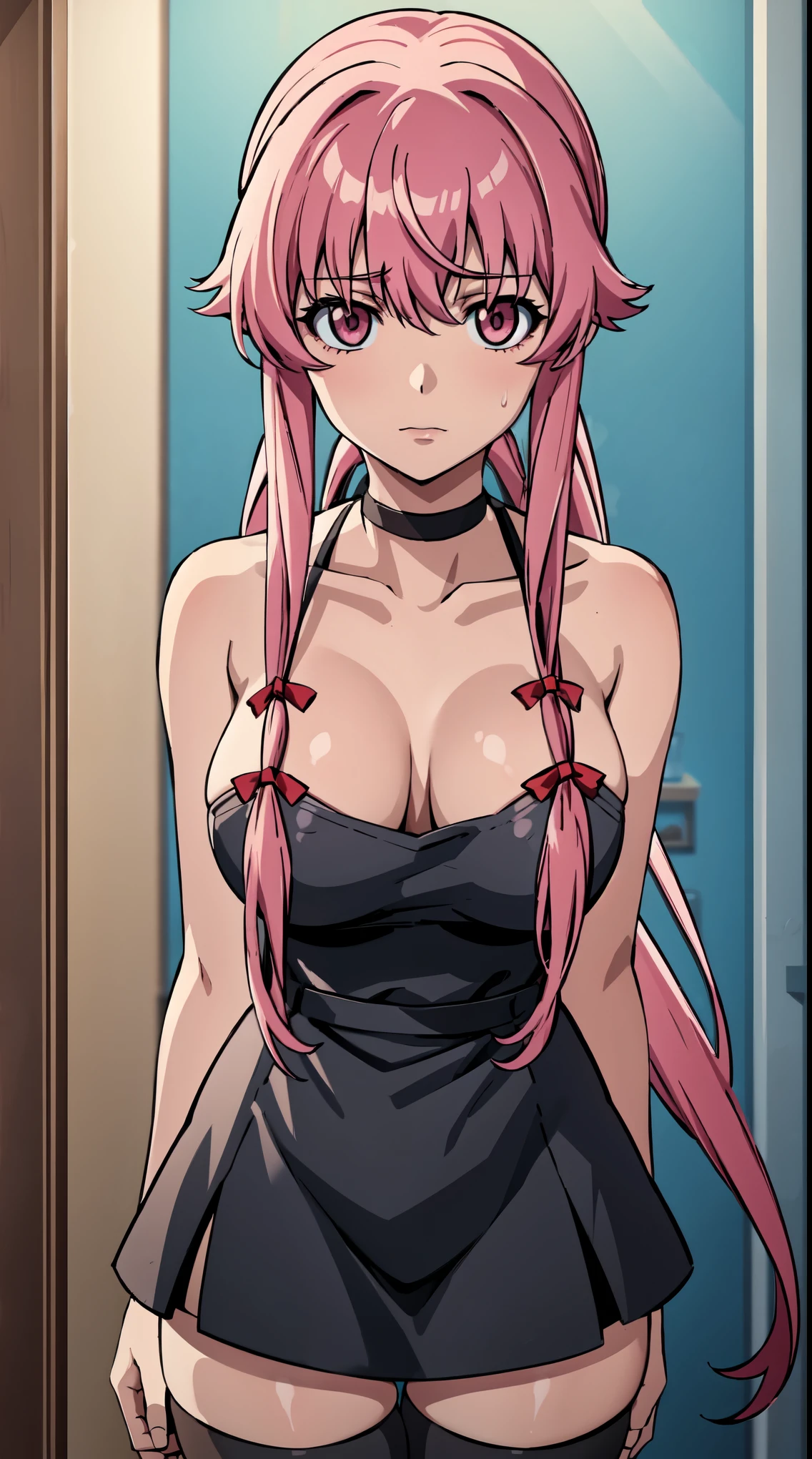 1girl, breasts, blood, nipples, solo, thighhighs, long_hair, pink_hair, white_thighhighs, looking_at_viewer, blood_on_face, choker, indoors, breasts_out, collarbone, apron, closed_mouth, bangs, large_breasts, pink_eyes, sidelocks, skindentation, hair_between_eyes, black_choker, very_long_hair, cowboy_shot, medium_breasts, thighs, bare_shoulders, hair_bow