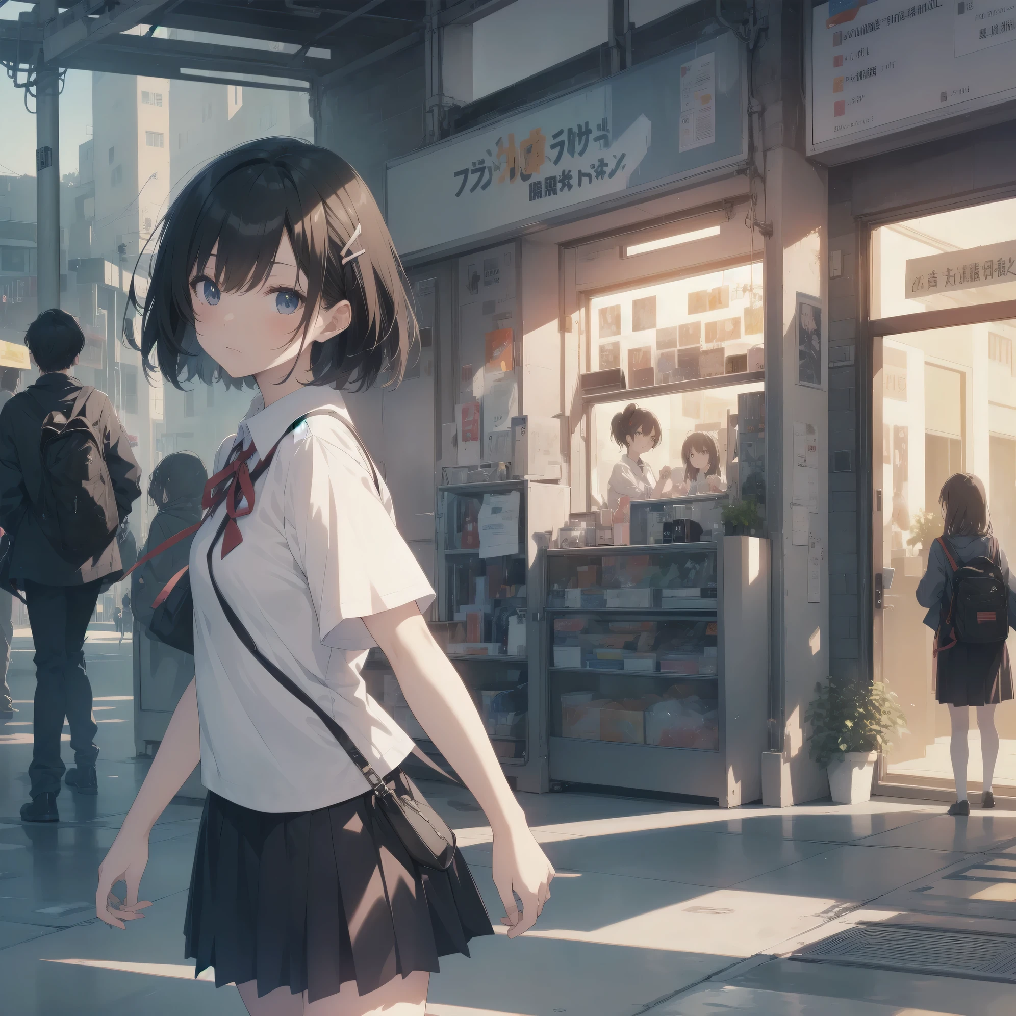 Super Absurd - Top Quality from the God of Art, Super detailed, High resolution, anime moe art style, best anime 8K konachan wallpaper, Pixiv contest winners, perfect anatomy,break, (眠そうにalone学校へ行く女の子を描いてください. )break,1 girl, (alone,little woman, cute, 13 years old:1.3),All limbs, full finger,, The charm of an immature body, (very_short hair), shortcut, Bang, flat chest, small ass, between legs, small black eyes, detailed and beautiful eyes, Well-proportioned iris and pupils, expressive eyes, High resolutionの詳細な髪, neck ribbon, shirt, collared shirt, skirt, pleated skirt, , (detailed lighting), (detailed background), On the way to school. break,super dense skin, Best cinematic lighting powered by famous artist, 8K,Beauty Illustration,photoshop_(Moderate),Absurd Hi-Res,UHD,rough skin,break,((artist:Fujiyama)), artist:Fujichoko,artist:Yamamoto_Soichiro,artist:hanekoto