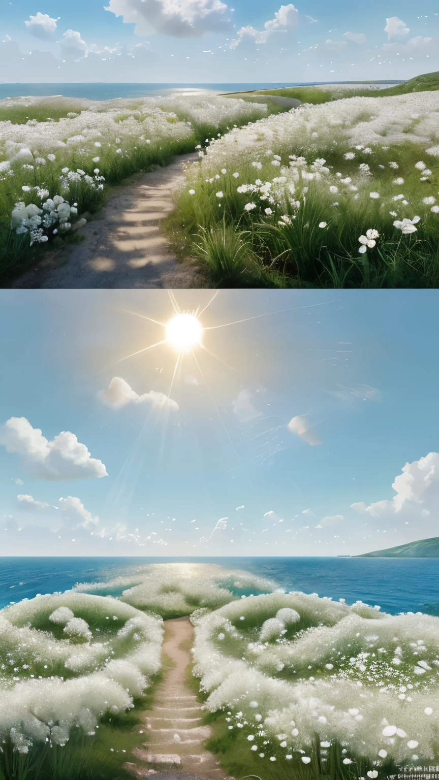 A piece of white flowers sea，and the sun was shining brightly，There is a clearing in the middle of the sea of flowers，There is a clearing in the middle，There is a path in the center of the screen，The path leads to the distance，Near real and far virtual，White flowers，There is a road in the middle that leads to the distance，变得and the sun was shining brightly，Background with，detail-rich，photorealistic，Realism，4K resolution，Rich texture，The painting style is gentle