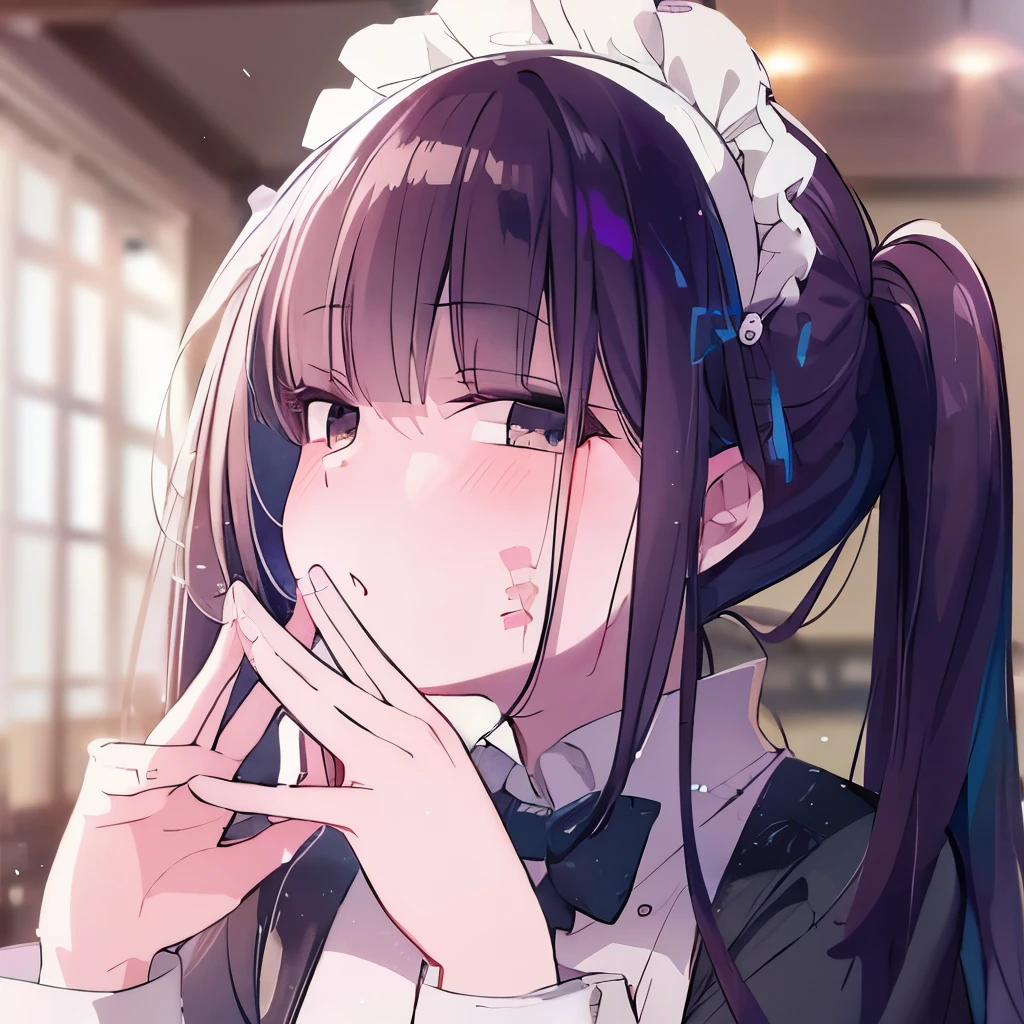 high quality, masterpiece. girl. maid clothes. brown eyes. calm face. grey eyes. against the backdrop of the living room.