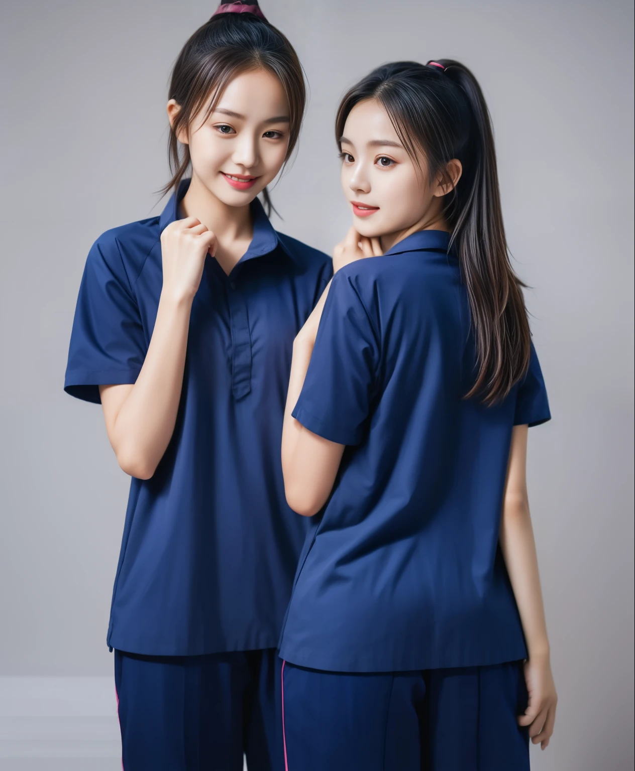 (best quality,10,10,height,Masterpiece:1.2),Special details,(realistic,ภาพrealistic,Realistic photos:1.37),1 Cute girl in the kitchen,shiny, ผิวshiny,only,smile softly,BDclothelue shirt:1.3)),short sleeve,shirt, กางเกงขาlong.,(navy_long_track pants:1.1), ((Kitchen Background)),Dynamic angle,excited,Face focus,dynamic poses,from behind,focus on ass,Masterpiece, best quality, ultra realistic, Too many details, 8k resolution, raw photos, Sharp focus, ((Navy blue shirt:1.1)), short sleeve, เส้นทางlong, perfect body, 2 mature women, 18 years old, Cinema-grade lighting system,blue sweatpants,shirtผ้าออกกำลังกาย,correct anatomy,perfect body, correct body, Sharp face, correct bodyทางกายวิภาค, full body, realistic gestures, long-haired, realistic poses,Wear long shorts...........................,ช่วงขาlong,Good shape,carved girl, Slender figure, model, Good shape, beautiful body,blue sweatpants, two girls kissing