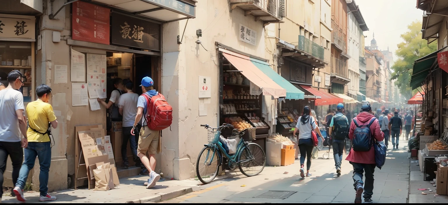 到处都是passers-by, people shopping, urban street fashion, clothing store, streetwear, looks smart, colorful clothes, many shops, on city streets, passers-by，行量的passers-by，People who ride bicycles，oil painting style，