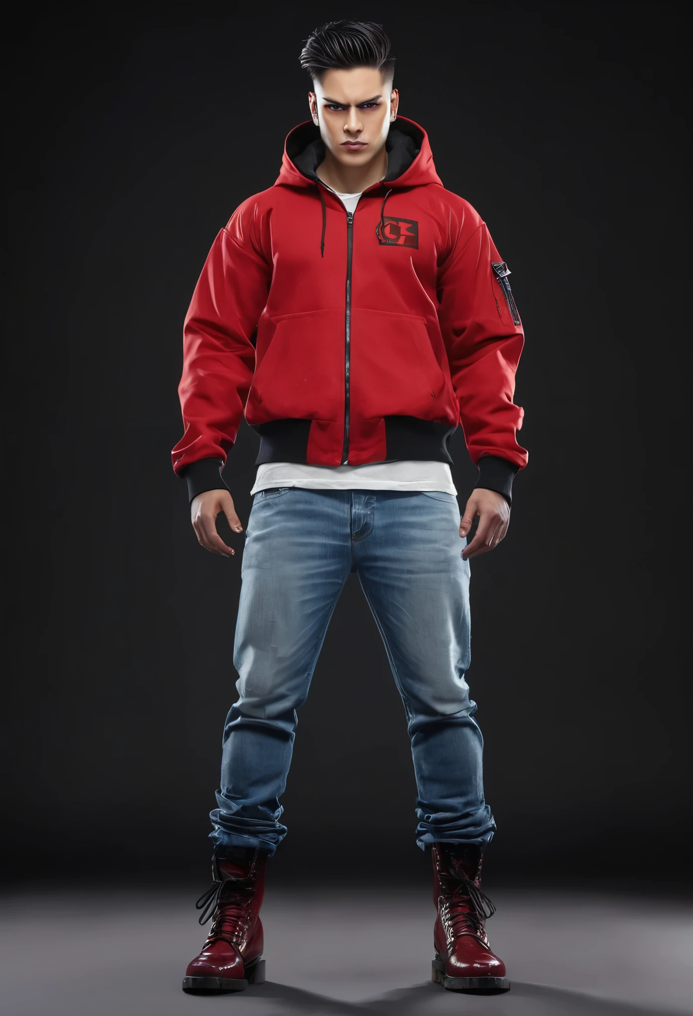 Height 180cm,Weight 81kg,28 year old young white male,black american thorn front hairstyle,blood red eye color,Handsome looking,Facial features are very tough,There is some stubble on the chin,There is a purulent wound on the neck.,Scars extending to the jawline。Angry and intense expression,Muscles throughout the body are strong and strong,,Wearing a hoodie underneath,Wearing a coat to go out,wearing jeans,Wear Gaobang tactical Martin boots on your feet,The overall clothing is mainly red and black,actual,No background,character concept,Unreal Engine,HD,超actual,detail,full body pictures,stand up straight,t,posture,clear facial features,Slightly baggy jeans,Stand facing the camera,The picture is symmetrical,Wear a shirt,clear facial features,The body is facing the picture,Overall picture symmetry,windbreaker,28 year old young white male,black american thorn front hairstyle,blood red eye color,Handsome looking,Facial features are very tough,There is some stubble on the chin,black shoes,
