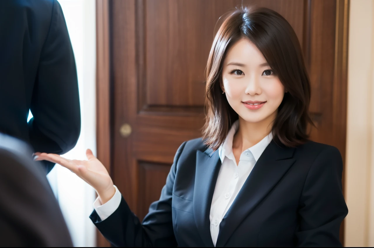 There is a woman in the room holding out her hand.., asian young business woman,  smile, bright professional photos, woman wearing a business suit,