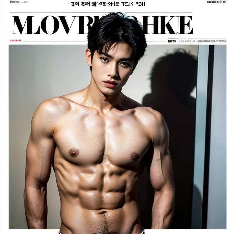 masterpiece, top quality, intricate detail, magazine front page, Korean men's sex magazine, Magazine's Title with black color font, a young handsome boy with string thong, tall muscle, ((abs)), Kpop idol, looking at camera, beautiful face, white background, fashion model, Kpop boy's group member