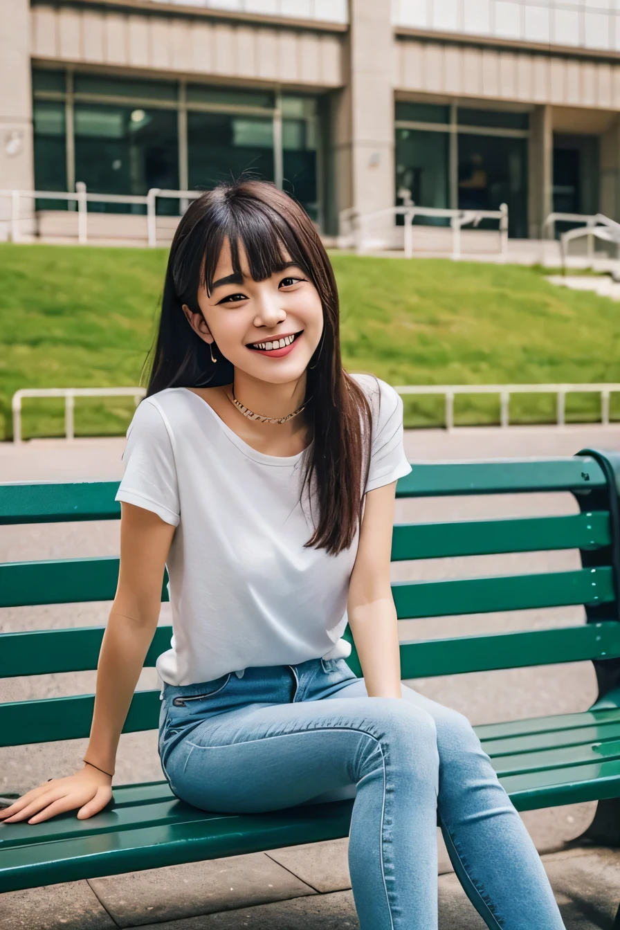 highest quality， realistic， 8K， High resolution;， 1girl， girl， sit on a bench（urban landscape background：1.6））， skinny denim、 white t-shirt）， head is looking straight at the viewer：1.8， （目ほどの長さの髪で観客を見つめるgirl， black hair、 parted bangs：1.65）， realistic， smile、beautiful white teeth， rich，full body photo、gravure, sneakers、necklace around neck、ear piercing、
