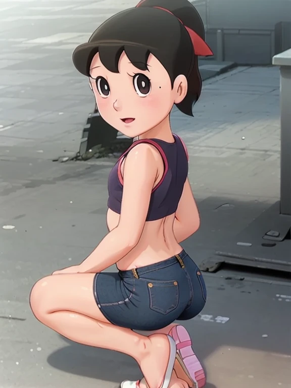 ((medium breast, tomboy girls, small head)), daylight, sunlight, (chiseled abs : 1.1), (perfect body : 1.1), (short wavy hair : 1.2) , auburn hair, collar, chain, full body shot, crowded street, wearing black tanktop, jeans jacket, ((shorts)), (extremely detailed CG 8k wallpaper), (an extremely delicate and beautiful), (masterpiece), (best quality:1.0), (ultra highres:1.0),  beautiful lighting ,perfect lightning, realistic shadows, [highres], detailed skin, ultra-detailed ,shizuka,hot