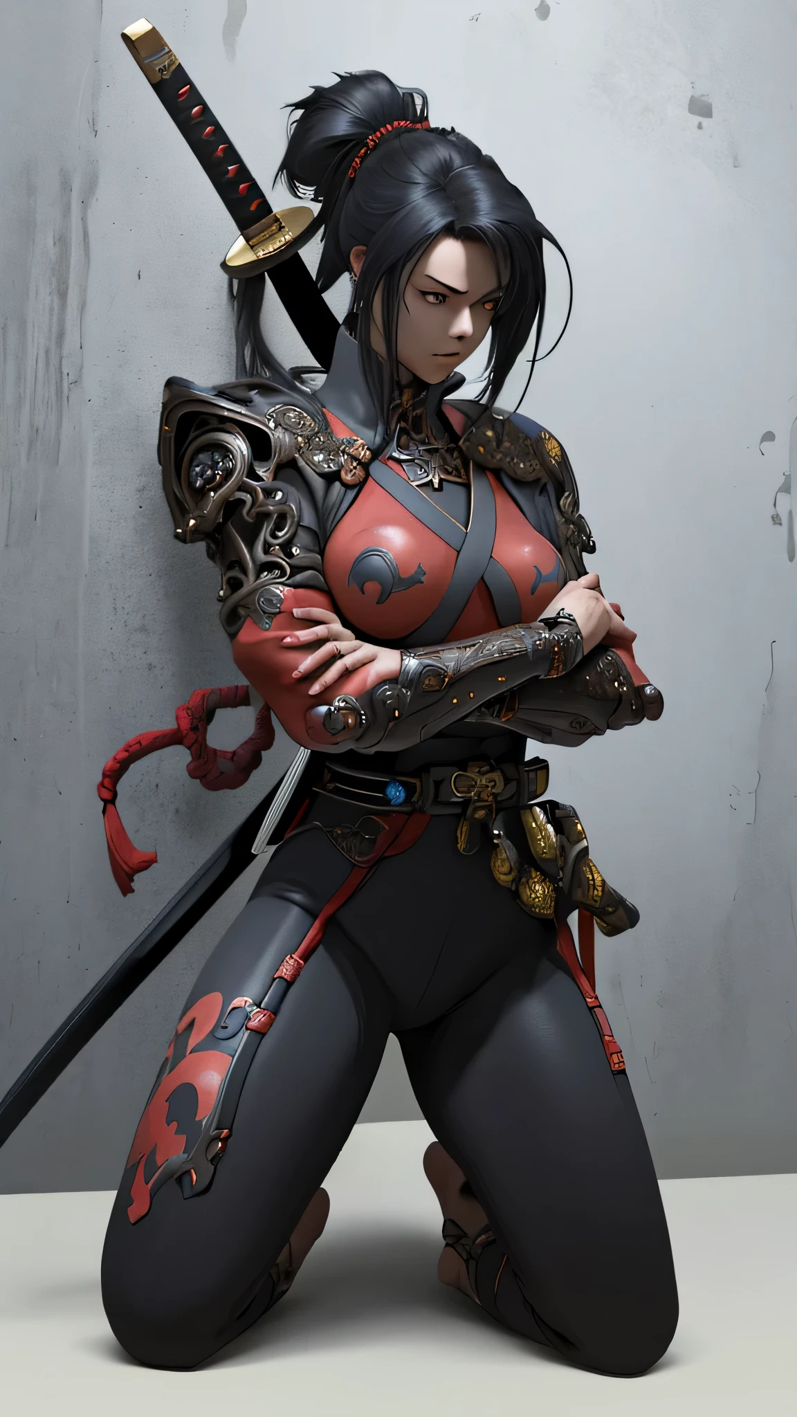 a woman kneeling down with a sword in her hand,very beautiful cyberpunk samurai,she is holding a katana sword,unsheathing her katana,she is holding a sword,ornate korean polearm behind her, realistic anime 3D style, cgsociety 9,2.5D cgi anime fantasy artwork, 3 d anime realistic.pose beautiful.redAssassin.Standing and sitting with his hands on his knees, Carry the sword on your shoulder.(Stand with your arms crossed over your chest, your back against the wall).hair white.
