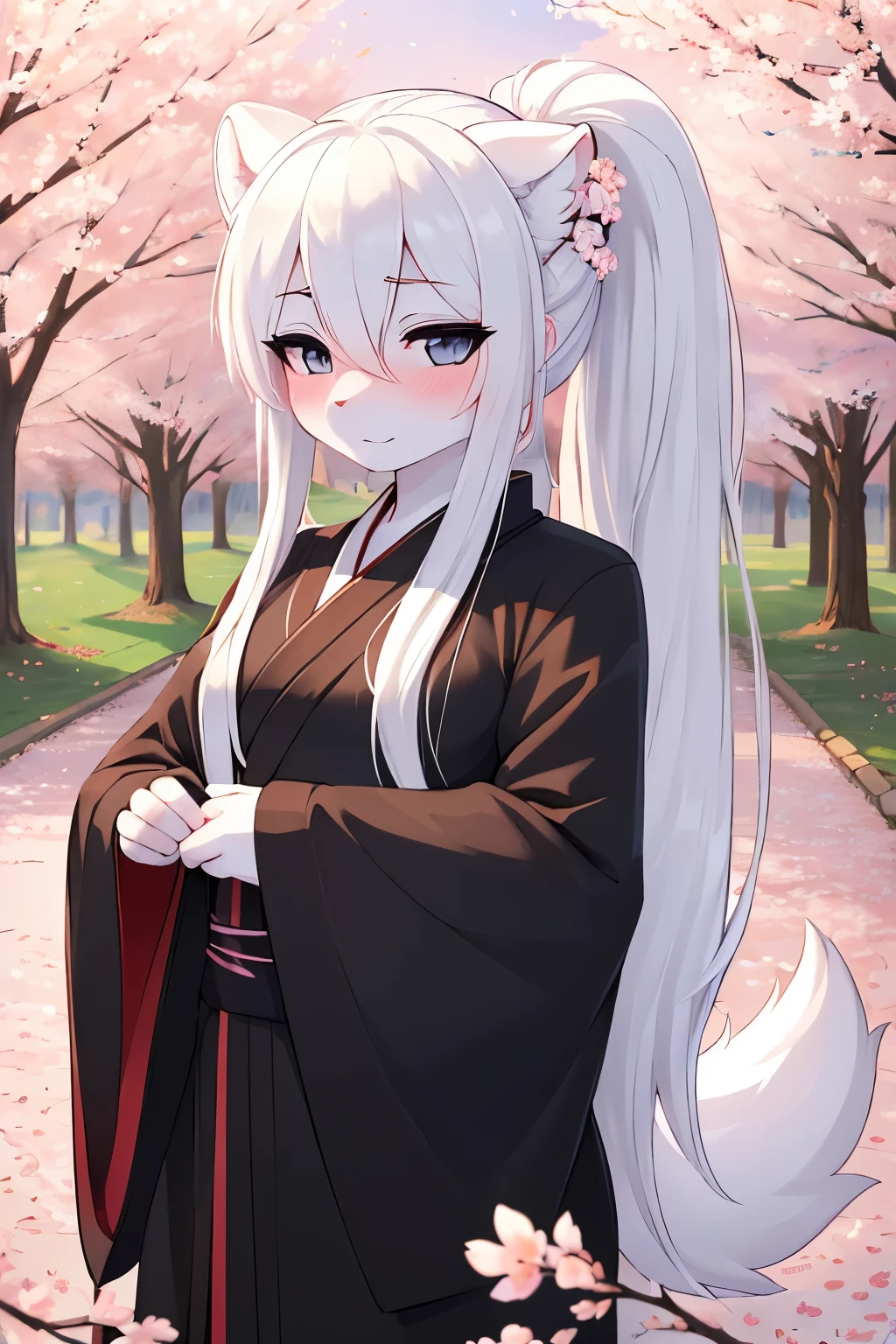 ((best quality, masterpiece, perfect anatomy, detailed picture)), furry, 1female, arctic ferret, sexy, long white hair, ponytail hair, grey eyes, black sclera, tail, black kimono with cherry blossom flowers, red blushing, shy, in the cherry blossom trees,