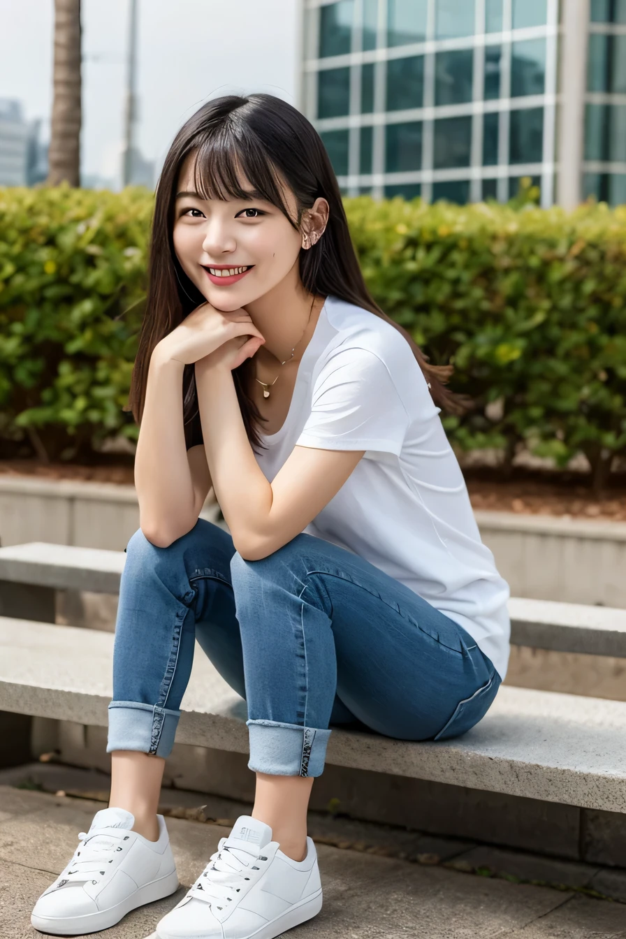 highest quality， realistic， 8K， High resolution;， 1girl， girl， sit on a bench（urban landscape background：1.6））， skinny denim、 white t-shirt）， head is looking straight at the viewer：1.8， （目ほどの長さの髪で観客を見つめるgirl， black hair、 parted bangs：1.65）， realistic， smile、beautiful white teeth， rich，full body photo、gravure, sneakers、necklace around neck、ear piercing、
