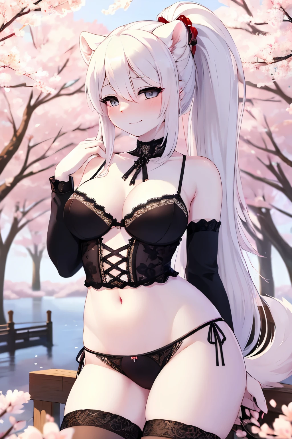 ((best quality, masterpiece, perfect anatomy, detailed picture)), furry, 1female, arctic ferret, sexy, long white hair, ponytail hair, grey eyes, black sclera, tail, japan lingerie, panties, red blushing, shy, in the cherry blossom trees,