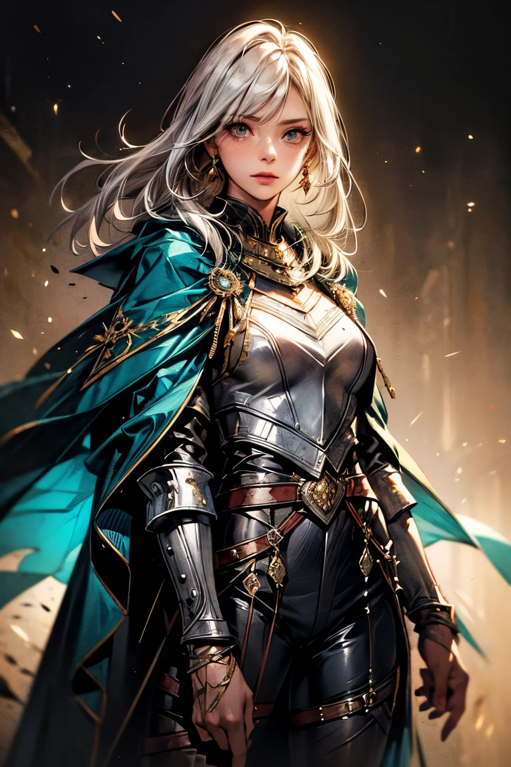 best quality, masterpiece, ultra high res,female warrior saint, embroided flowing cape, intricate armor with symbolic elements that is battle-worn yet resplendent, extreme detail, 4k,white hair, long eyelashes,