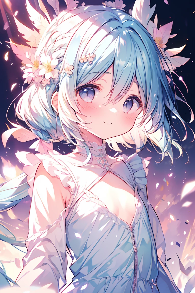masterpiece, best quality, extremely detailed, (illustration, official art:1.1), 1 girl ,(((( light blue long hair)))), light blue hair, ,, long hair ((blush)) , cute face, big eyes, masterpiece, best quality,(((((a very delicate and beautiful girl))))),Amazing,beautiful detailed eyes,blunt bangs((((little delicate girl)))),tareme(true beautiful:1.2), sense of depth,dynamic angle,affectionate smile, (true beautiful:1.2),,(tiny 1girl model:1.2),(flat chest)), Soft Focus ,Beautiful girl, Flat background, Creative and colorful background, Feather and flower background, A high resolution, Light smile, Colored inner hair, french braid