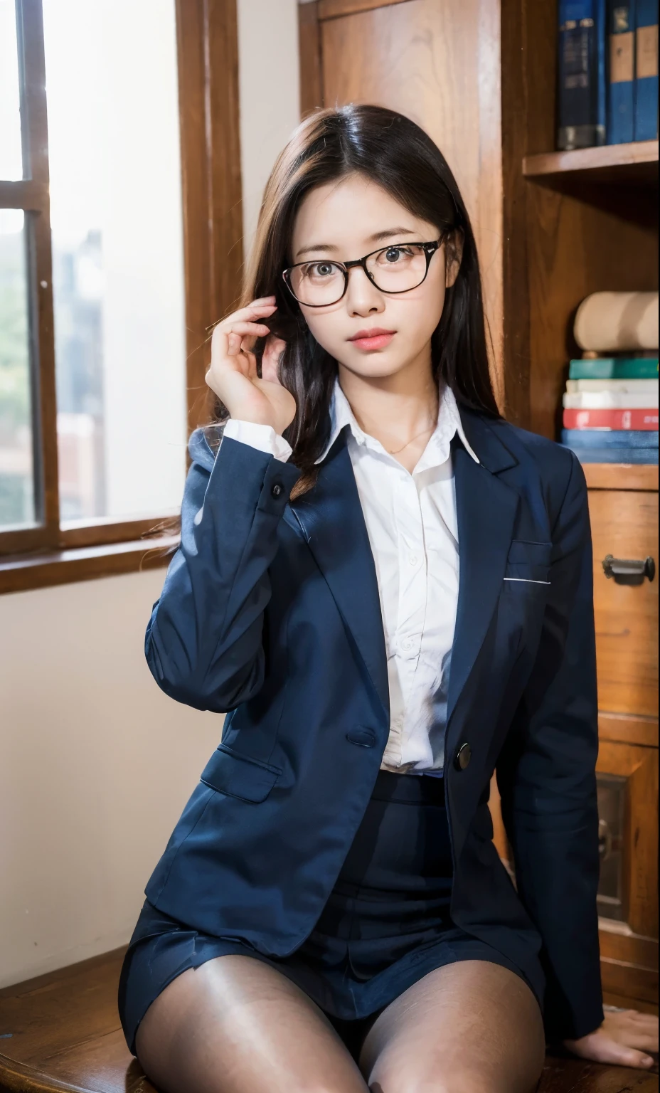 Ulchan-6500-v1.1, (Raw photo:1.2), (realistic:1.4), beautiful detailed girl, very detailed eyes and face, detailed and beautiful eyes, absurd, incredibly ridiculous, huge file size, Super detailed, High resolution, very detailed, highest quality, masterpiece, figure, very detailed, cg, unity, 8k wallpaper, wonderful, small details, masterpiece, highest quality, very detailed cg uniform 8k wallpaper, face light, movie lighting, 1 girl, , (with glasses), ((dynamic pose)), (pantyhose and legs)),school uniform、青色ブレザーの、背景はfigure書室、Sitting and reading a book