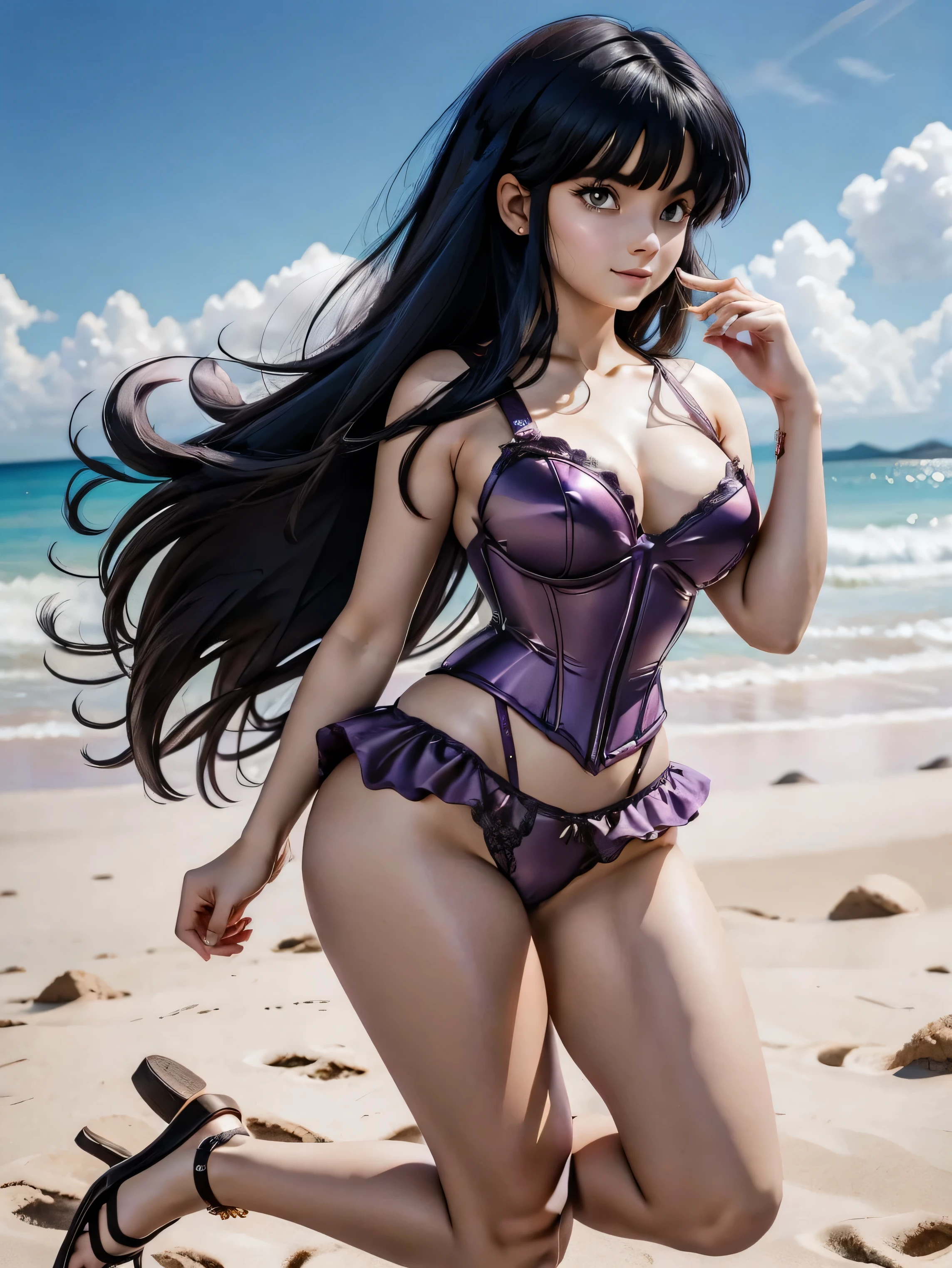 Dark-haired anime girl in pink swimsuit, espartilho e saia transparente, , corpo bonito, seios grandes, com hand in panties , hand in hair, Garota sensual, purple cabelo, mechas de cabelo laterais, mechas de cabelo na lateral do rosto, beautiful lighting, sombras suaves, olhos azuis, pernas bonitas, cabelo curto, estilo anime, personagem Akane Tendo, Autora Rumiko Takahashi, Baseado em obra de Rumiko Takahashi, Anime Ranma 1/ 2, decote sensual, quadril robusto, corpo inteiro, corpo inteiro, busto grande, garota jovem com corpo belo e bonito, sandals on his feet, garota 16 anos usando maiô e corset pink, garota anime, estilo anime, beautiful feet in sandals, 45° viewing angle, ao ar livre, peito grande, seios bonitos, cabelo preto, sandals on the feet, pernas bonitas, sensual, belas pernas, Sandalias, seios grandes, corpo completo, corpo inteiro, feet with sandals, anime realista, saia, sarja roxa, personagem realista sensual, postura reta, ao ar livre, calcinha pink, hand in panties, hand in panties, seios grandes, sorrindo, saia transparente brilhante