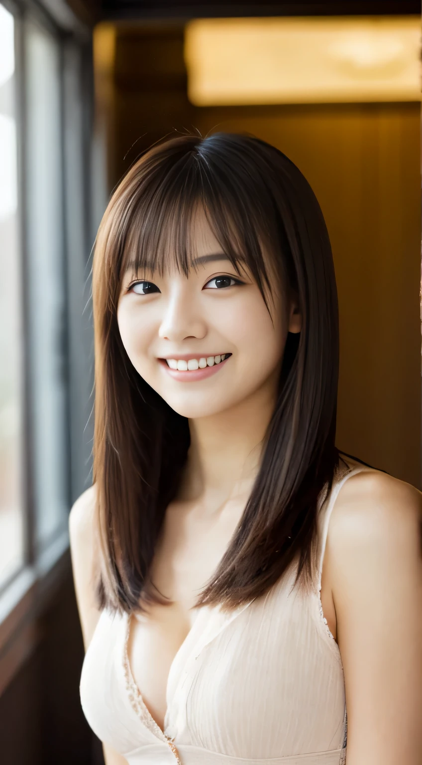 masterpiece,best quality,(Japanese ),((Beautiful girl)),cleavage,indoor,(perfect body beauty:1.2),(shy smile),beautiful teeth,