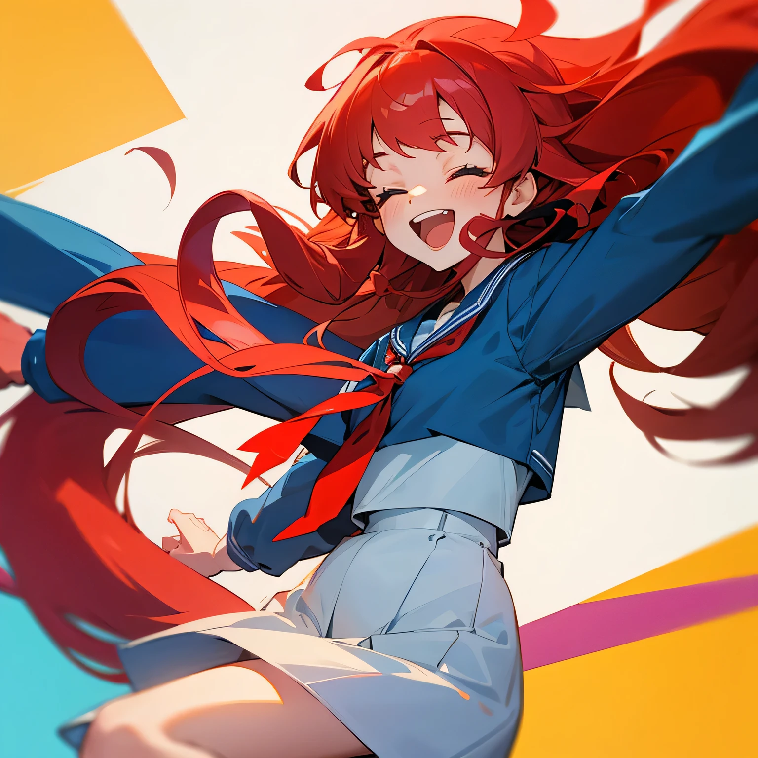 Wearing a sailor suit、with red curly hair、17 year old girl smiling