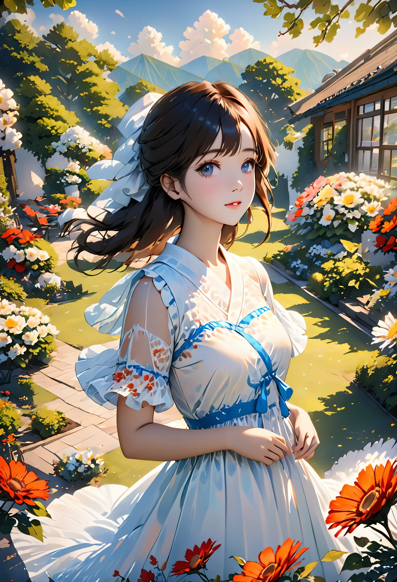 (8K, original photo, best quality, masterpiece:1.2), (actual, photo-actual:1.37), professional lighting, photon mapping, Radiosity, korean doll, garden, white summer dress