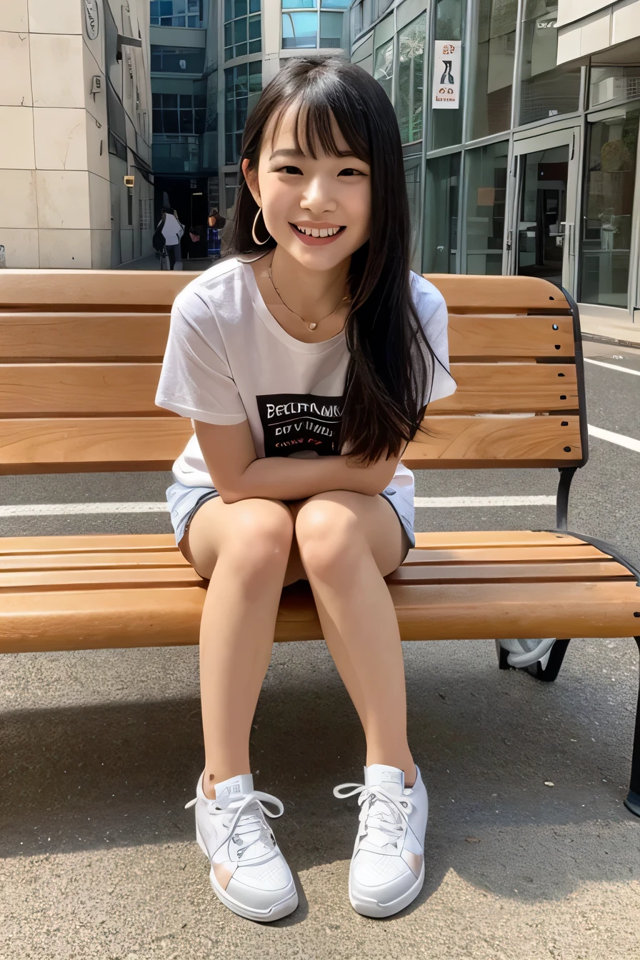 highest quality, realistic, 8K, High resolution;, 1girl, girl, sit on a bench(urban landscape background:1.6)), skinny denim、 white t-shirt), head is looking straight at the viewer:1.8, (目ほどの長さの髪で観客を見つめるgirl, black hair、 parted bangs:1.65), realistic, smile、beautiful white teeth, rich,full body photo、gravure, sneakers、necklace around neck、ear piercing、