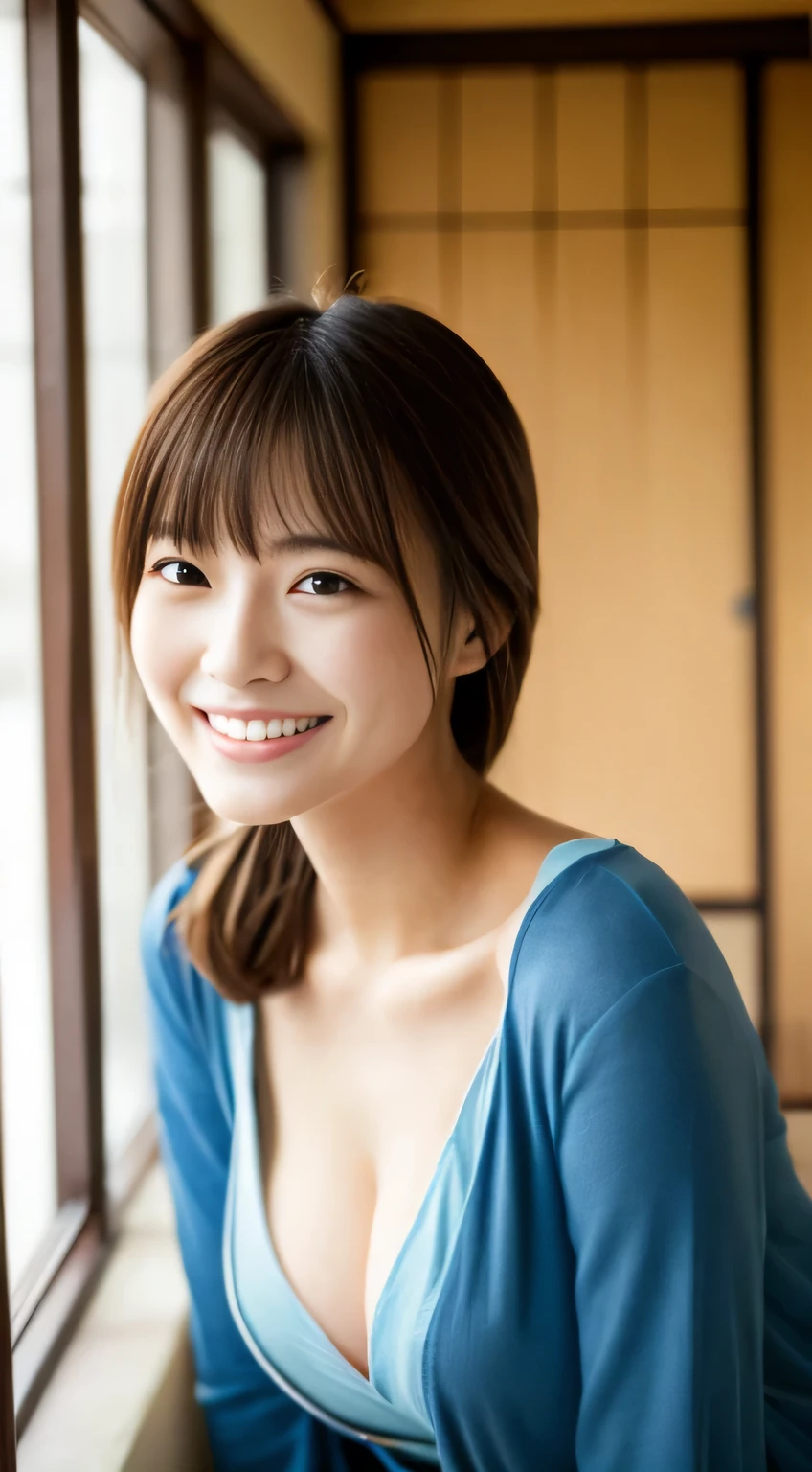 masterpiece,best quality,(Japanese ),((Beautiful girl)),cleavage,indoor,(perfect body beauty:1.2),(shy smile),beautiful teeth,