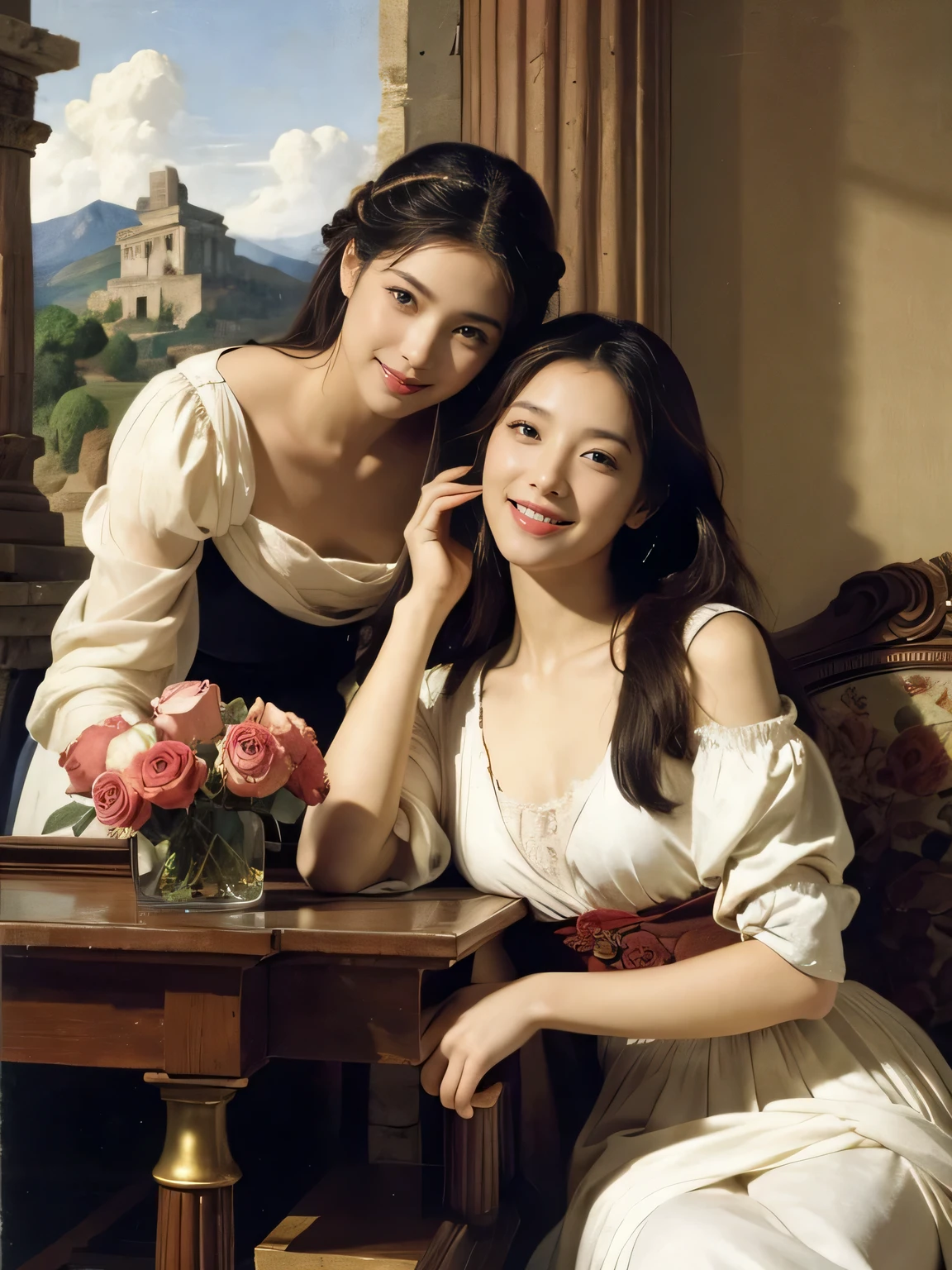 Giorgione's painting style,Discussion between two female philosophers,math、astronomical machine、astronaut、roses in vase、fruit、Cute trinkets、smile、ancient greek costume、Ancient Roman landscape in the style of Nicolas Poussin,laughter,,sweet and seductive appearance.、caravaggio painting、Caravaggio's chiaroscuro、My hair was messed up by the wind,two women having fun,cute smile, expression of ecstasy,sexy,erotic