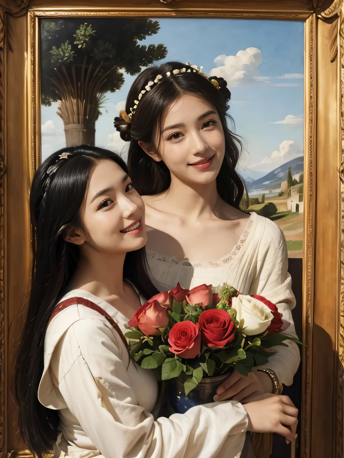 Giorgione's painting style,Discussion between two female philosophers,math、astronomical machine、astronaut、roses in vase、fruit、Cute trinkets、smile、ancient greek costume、Ancient Roman landscape in the style of Nicolas Poussin,laughter,,sweet and seductive appearance.、caravaggio painting、Caravaggio's chiaroscuro、My hair was messed up by the wind,two women having fun,cute smile, expression of ecstasy,sexy,erotic