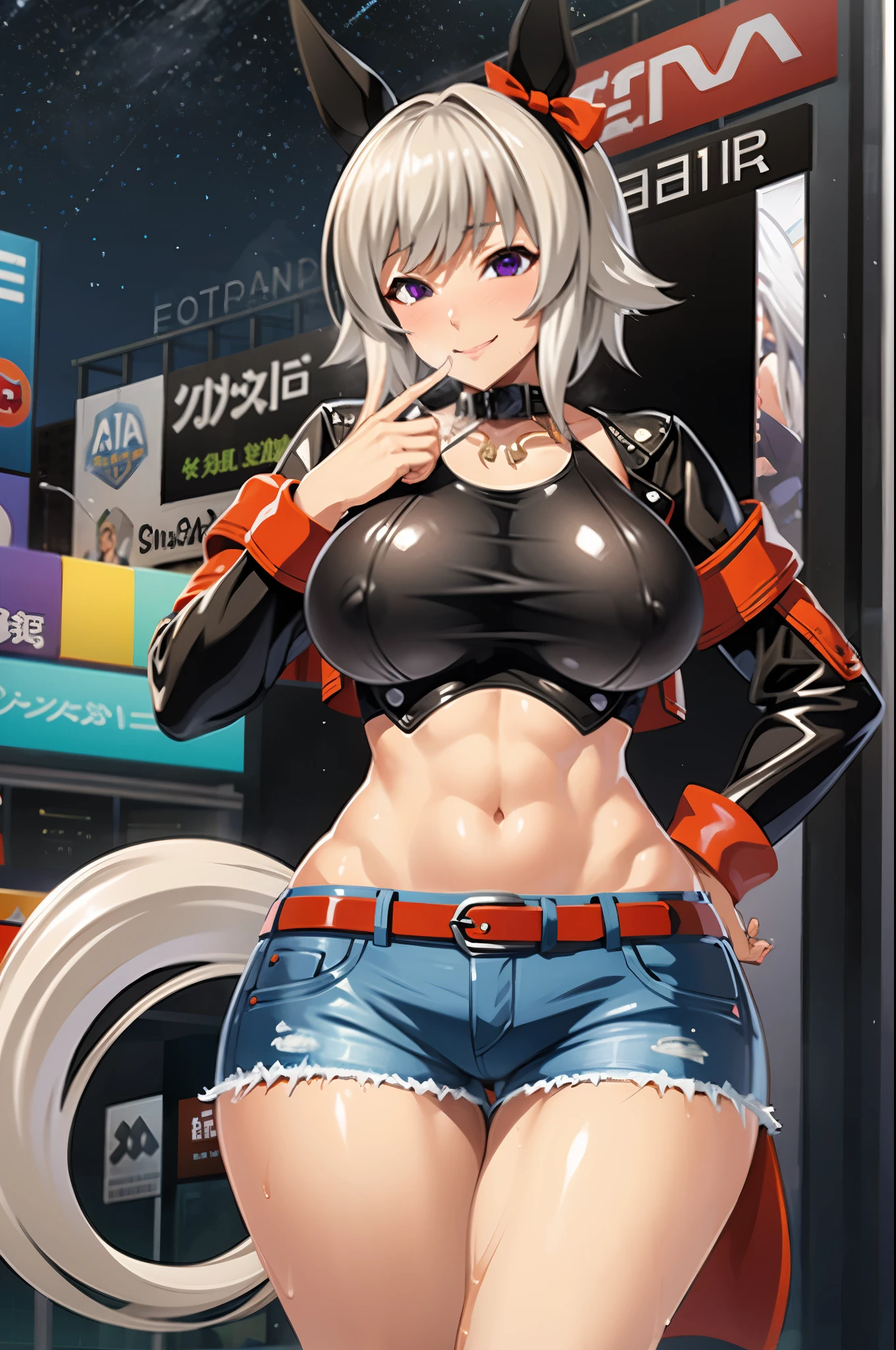 nsfw, masterpiece, 1 girl, curren chan \(umamusume\), white hair, navel, intricately detailed, topless, new york times square, night, neon lights, crossing, crowd, navel, necklace, holding smartphone, denim shorts, smiling, extremely detailed, photorealistic, octane render, 8 k, unreal engine. horse ears, horse tail, bare breasts, bare stomach, sweaty, people on background, heavy breathing, raining, puddle, wet body, hand on hips