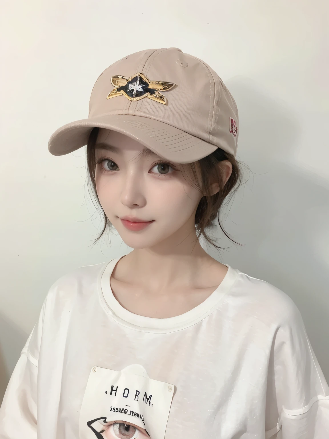 Best image quality、original photo、ultra high resolution、21 years old Korean、small breasts、dynamic angle、Cowboy shooting、The most beautiful form of chaos、elegant、Innovative design、bright colors、,light brown short hair、disheveled hair、light brown eyes 、black baseball cap(表情Smile)、short bob、Smile、Fair and shiny skin、beautiful eyes,random colors、The details are very beautiful、thin lips、细致beautiful eyes、elongated eyes、pale pink cheeks、long eyelashes、beautiful double eyelids、eye shadow、he、White big T-shirt sweatshirt、baggy pants、Shot from the side、sexy pose、enlarge