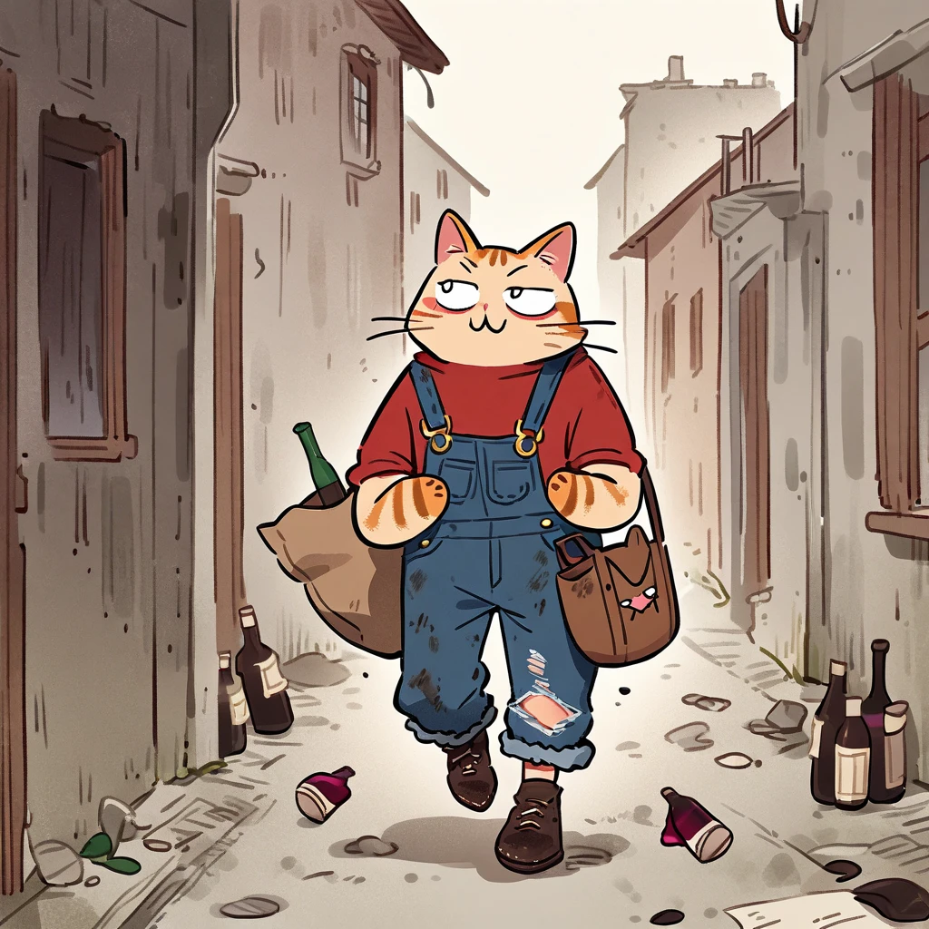 cartoon illustration，simple，rainstorm，Depicting an anthropomorphic cat，solo，Dirty，eyes dull，Listless，Malaise，decadent，crying emoticon，Loose ripped denim ripped overalls overalls，red linen shirt，Tattered leather shoes，There is a big bag next to you，Sitting next to the trash can on a dirty street corner，Many broken wine bottles around，Dirty environment，correct human anatomy