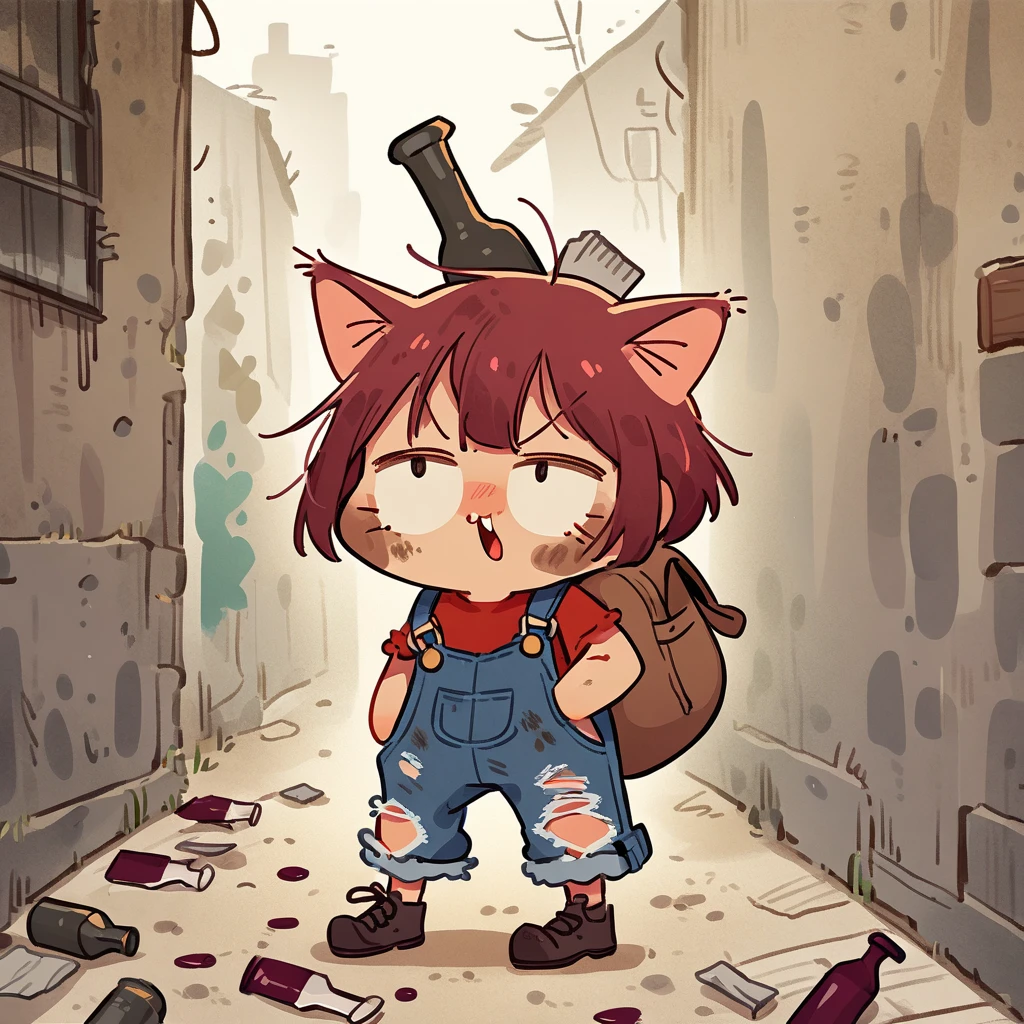 cartoon illustration，simple，rainstorm，Depicting an anthropomorphic cat，solo，Dirty，eyes dull，Listless，Malaise，decadent，crying emoticon，Loose ripped denim ripped overalls overalls，red linen shirt，Tattered leather shoes，There is a big bag next to you，Sitting next to the trash can on a dirty street corner，Many broken wine bottles around，Dirty environment，correct human anatomy