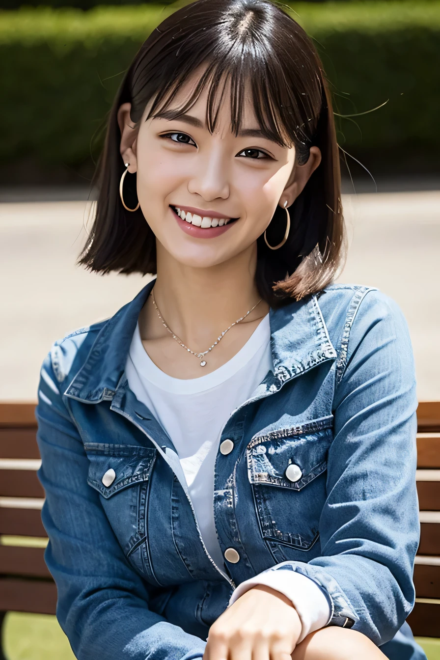 highest quality， realistic， 8K， High resolution;， 1girl， girl， sit on a bench（urban landscape background：1.6））， skinny denim、 long sleeve blouse、）， head is looking straight at the viewer：1.8， （目ほどの長さの髪で観客を見つめるgirl， black hair、 parted bangs：1.65）， realistic， smile、beautiful white teeth， rich，full body photo、gravure, sneakers、necklace around neck、ear piercing