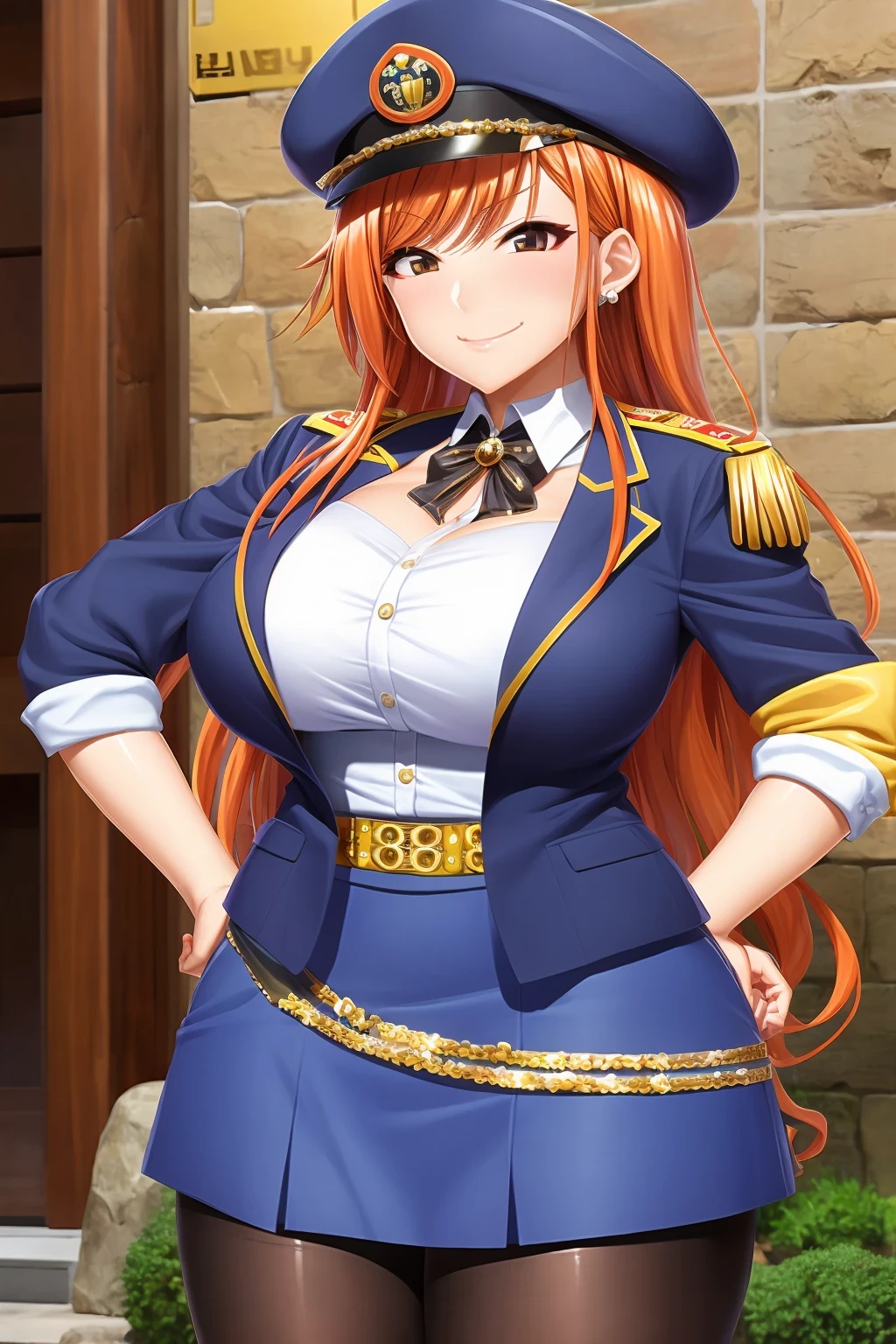 (arisugawa natsuha:1.2), long hair, orange hair, grey eyes, hand on hip, gold earrings, large breasts, jewelry, heart shaped, military cap, beret, (military uniform), (epaulette), jacket, harness, thigh strap, black thigh boots, skirt, (pencil skirt), miniskirt, frown, evil smile, open mouth, smirk, huge breast, cowboy shot