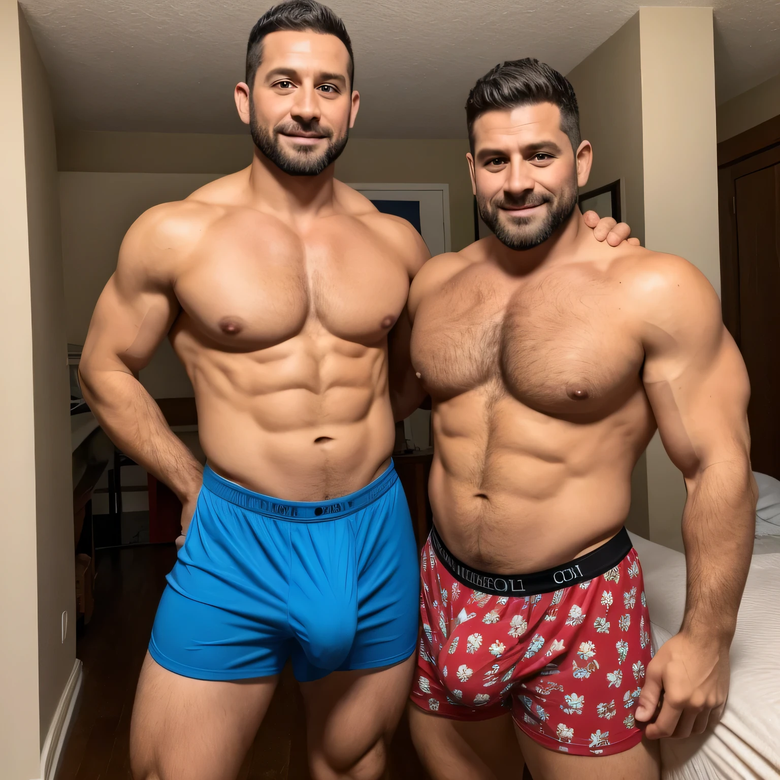 35 year old hot dad and his son., en boxeadores, con bulto grande en la entrepierna, se tiene que ver la cara.