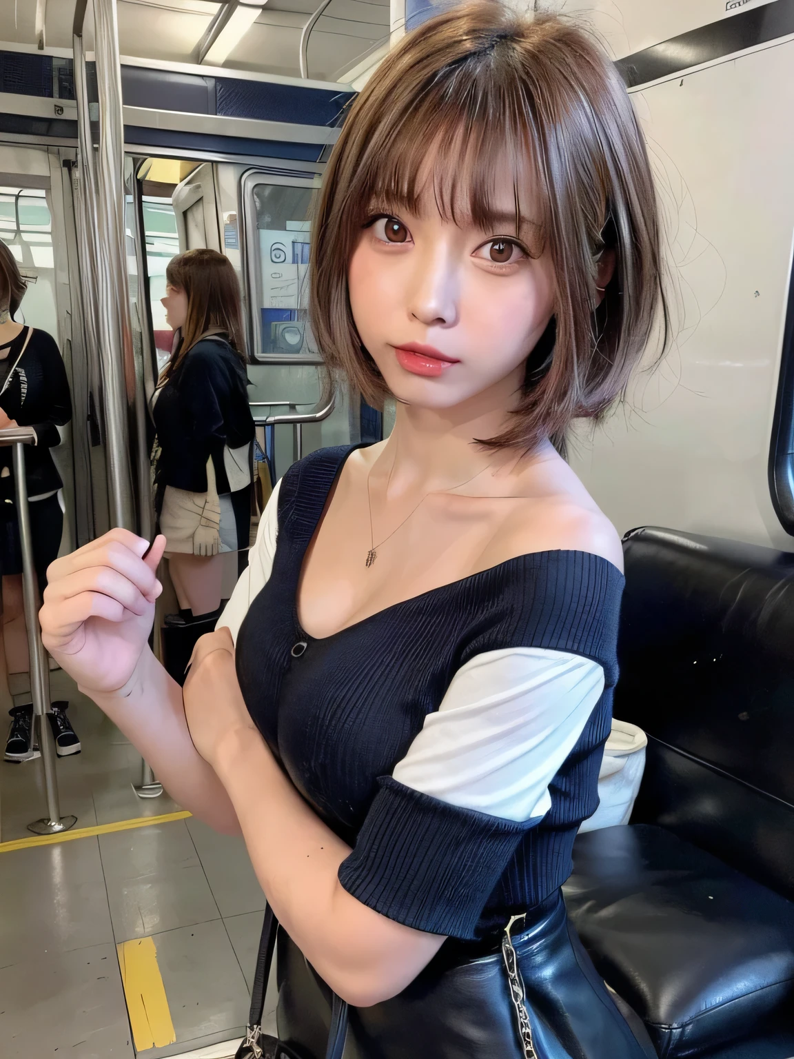 8K、Highest quality、masterpiece、Ultra-high resolution、picture、Beautiful Japanese Women(Comfortable:1.1) 、grace、There are some good ones too、Beautiful Face、Gradient lighting、One Girl、Delicate skin、Looking into the distance、Brown eyes、Short hair with bangs is the best:1.0)、(middle breast wheel:0.8)、(Realistic:1.4)、(Highest quality:1.0)、(Ultra-high resolution:1.0)、8K、Raw photo、(masterpiece:0.2)、(Purelos Face_v1:0.5)、Split hem ribbed knit dress、one piece、Polo-style dress、Super mini length、The skirt is short、Futomo、cotton croseini dress、Collared dress、Sleeveless、No sleeve、tight、clavicle、beautiful shoulders and chest、Cotton clothes、Sleeveless、No sleeve、What can I do for you?、Look Away、Cloudy、over time、Late at night、Midnight、Complete darkness、theme、Tilt、Look at this、Big butt、Large bust、A little chubby、Sweep your bangs to the side、Big Ass、neatly trimmed hairstyle、Put your chest together、It feels a little open、Brown clothes、necklace、Big butt、Futomo、Stand upright、tote bag、Station platform、subway、Waiting for the train、Stand on the platform、Side angle、Transparent muscle、Sexy face、Obedient face