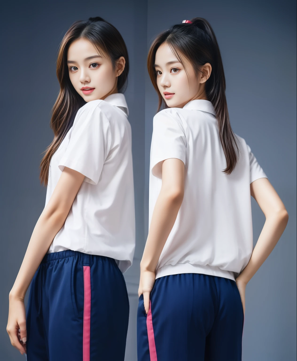 (best quality,10,10,height,Masterpiece:1.2),Special details,(realistic,ภาพrealistic,Realistic photos:1.37),1 Cute girl in the kitchen,shiny, ผิวshiny,only,smile softly,BDclothelue shirt:1.3)),short sleeve,shirt, กางเกงขาlong.,(navy_long_track pants:1.1), ((Kitchen Background)),Dynamic angle,excited,Face focus,dynamic poses,from behind,focus on ass,Masterpiece, best quality, ultra realistic, Too many details, 8k resolution, raw photos, Sharp focus, ((Navy blue shirt:1.1)), short sleeve, เส้นทางlong, perfect body, 2 mature women, 18 years old, Cinema-grade lighting system,blue sweatpants,shirtผ้าออกกำลังกาย,correct anatomy,perfect body, correct body, Sharp face, correct bodyทางกายวิภาค, full body, realistic gestures, long-haired, realistic poses,Wear long shorts...........................,ช่วงขาlong,Good shape,carved girl, Slender figure, model, Good shape, beautiful body,blue sweatpants, two girls kissing
